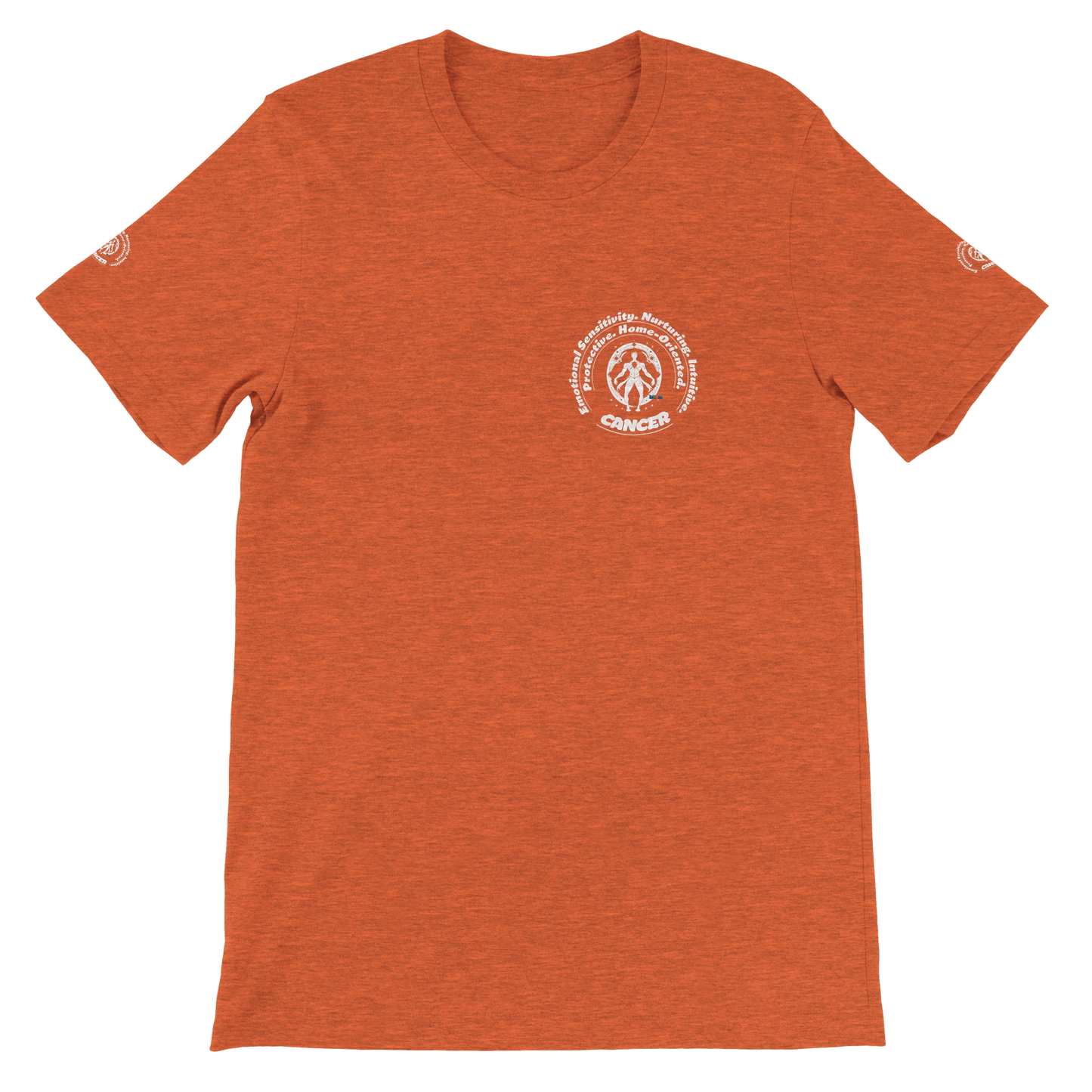 Orange unisex crewneck Bella T-shirt with Cancer zodiac horoscope, perfect birthday gift for astrology lover trendybuybest.com