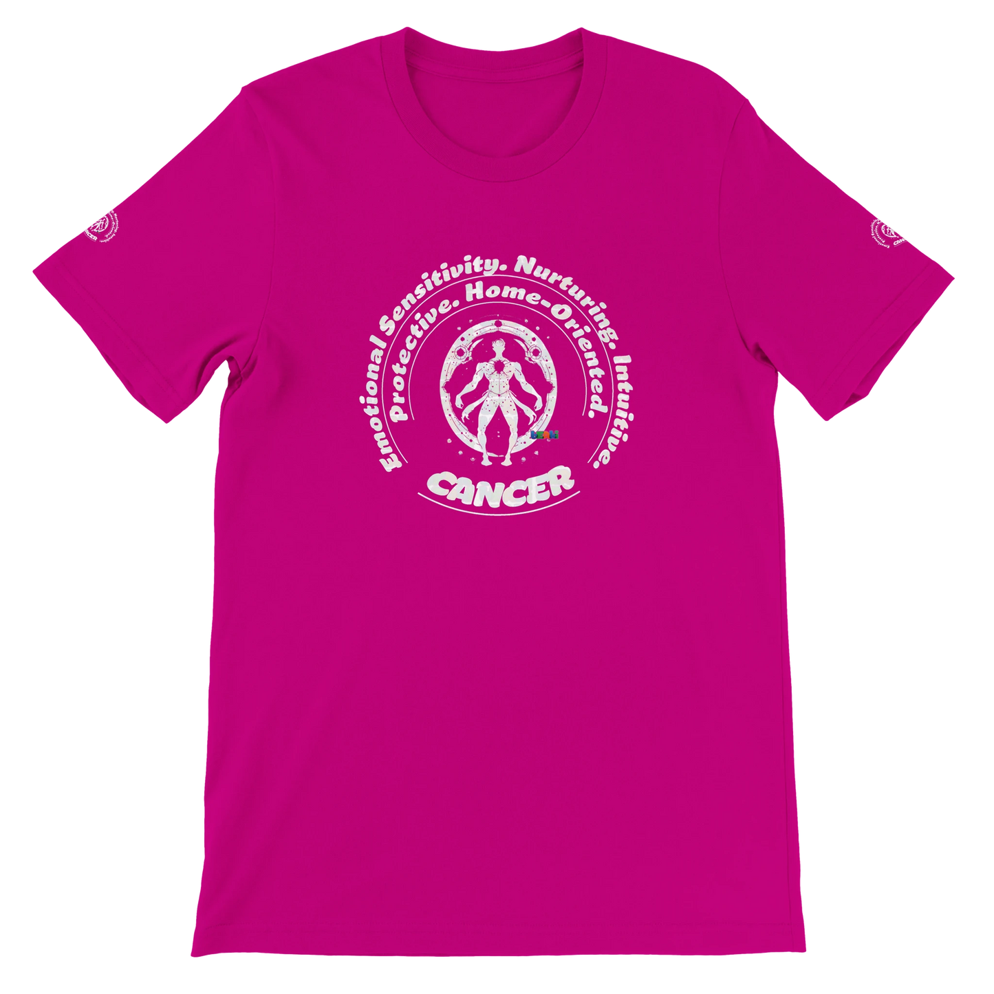 Purple unisex crewneck T-shirt with Cancer zodiac horoscope, perfect birthday gift for astrology lovers, soft and stylish.