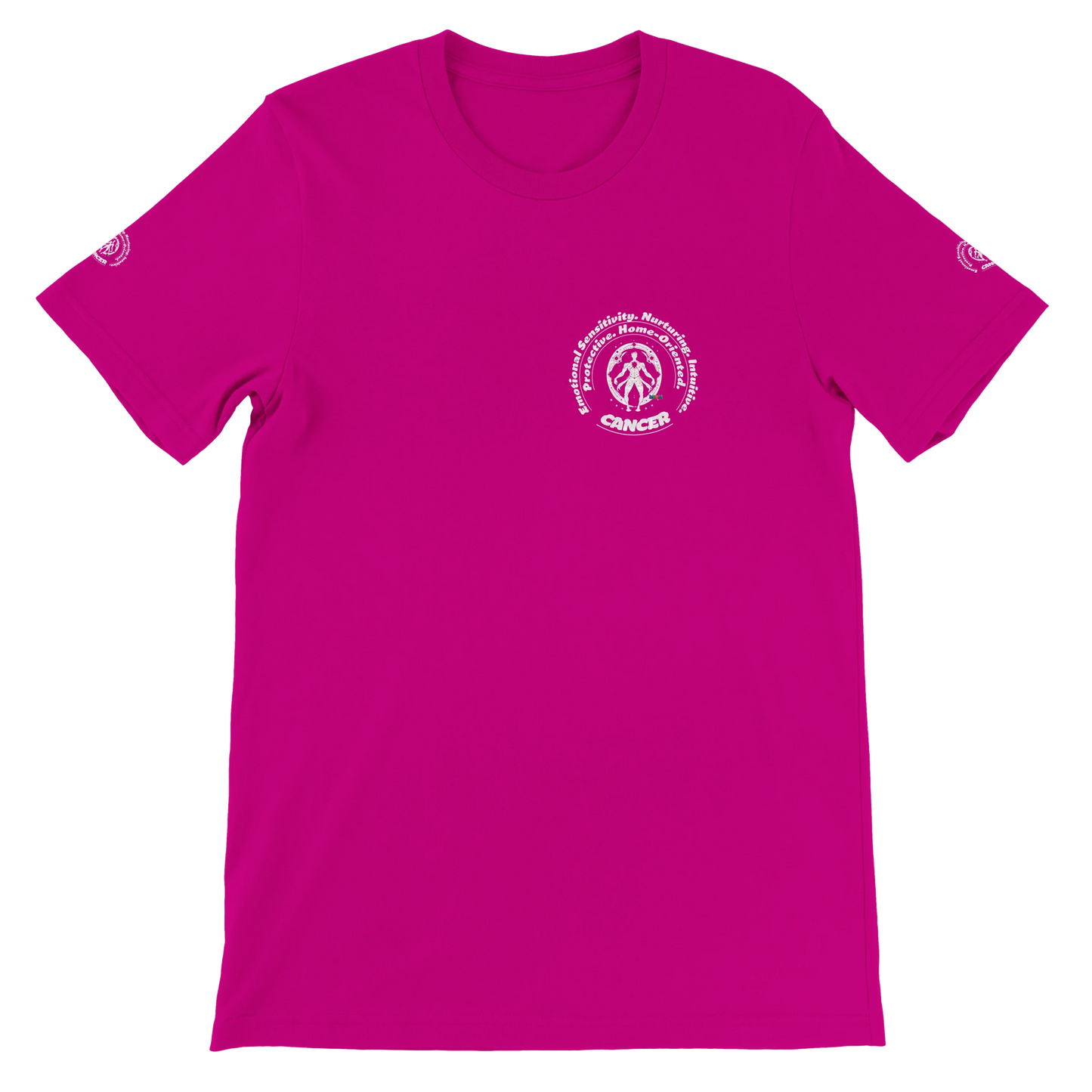 Purple unisex crewneck T-shirt with Cancer zodiac horoscope, perfect birthday gift for astrology lovers, soft and stylish.