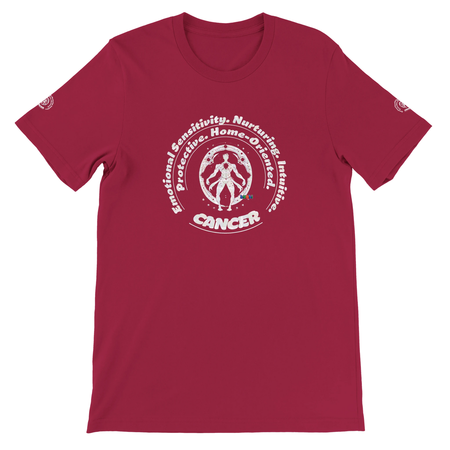 Purple unisex crewneck T-shirt with Cancer zodiac horoscope, perfect birthday gift for astrology lovers, soft and stylish.