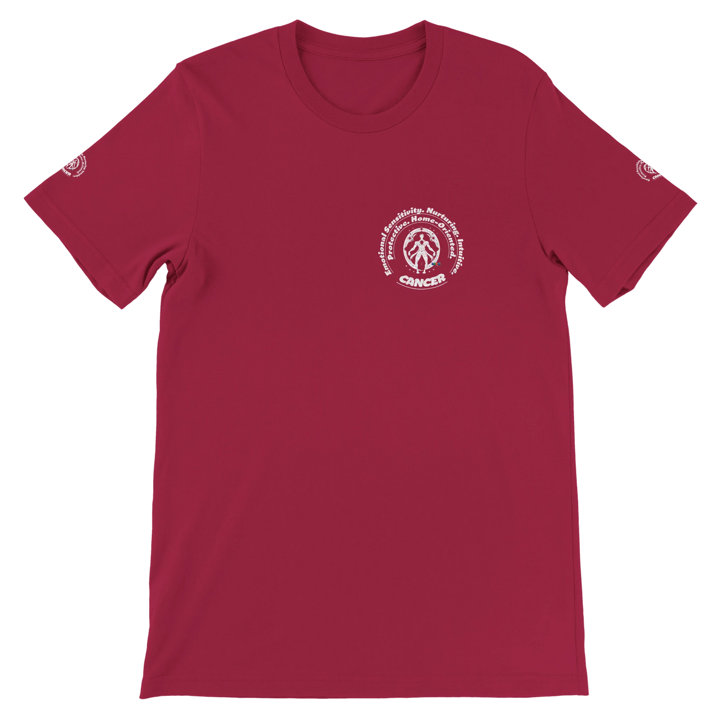 Purple unisex crewneck T-shirt with Cancer zodiac horoscope, perfect birthday gift for astrology lovers, soft and stylish.