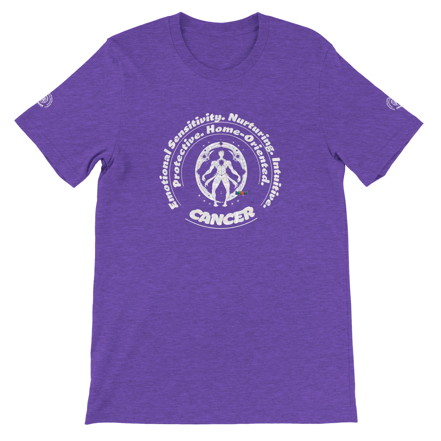 Purple unisex crewneck T-shirt with Cancer zodiac horoscope, perfect birthday gift for astrology lovers, soft and stylish.