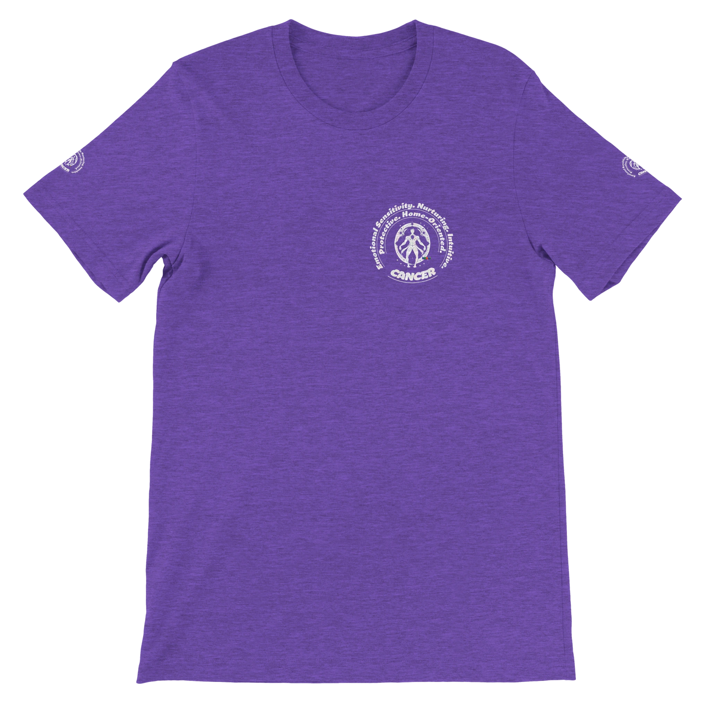 Purple unisex crewneck T-shirt with Cancer zodiac horoscope, perfect birthday gift for astrology lovers, soft and stylish.