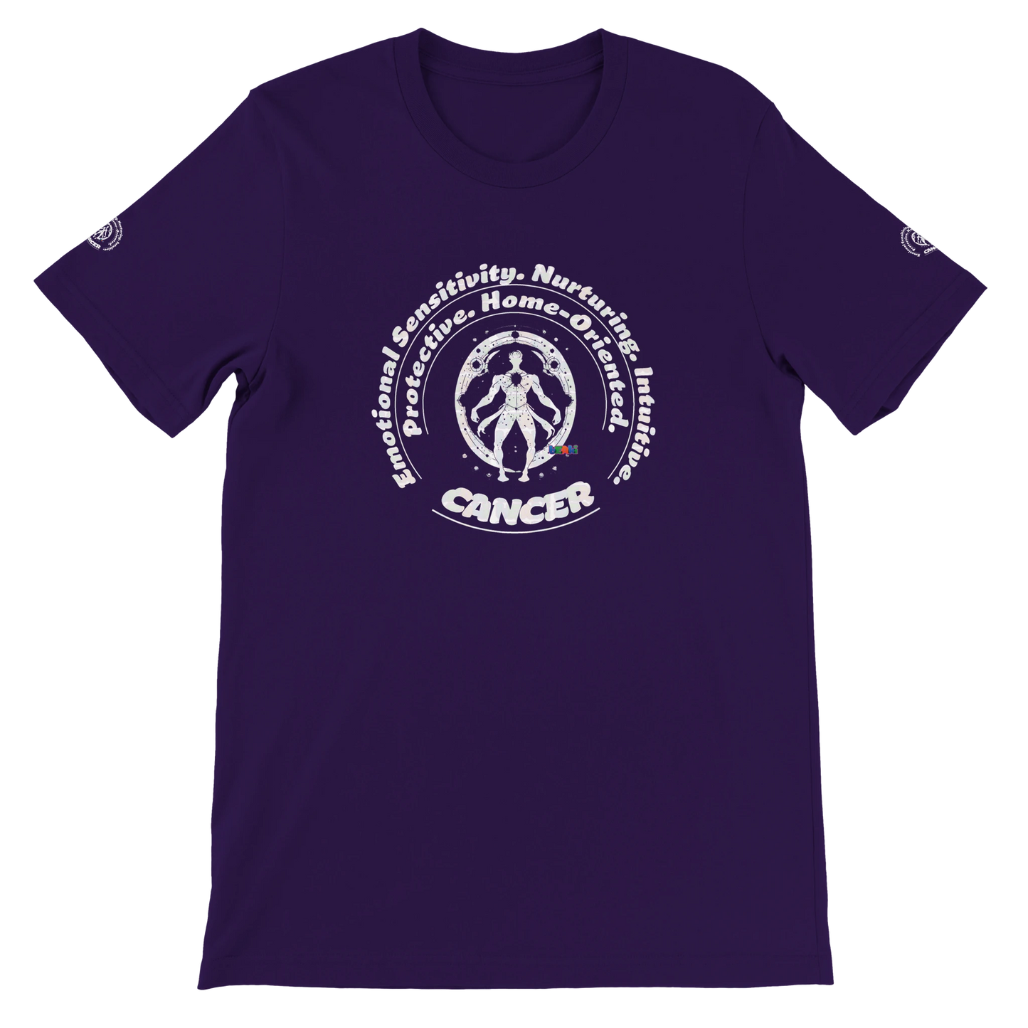 Purple unisex crewneck T-shirt with Cancer zodiac horoscope, perfect birthday gift for astrology lovers, soft and stylish.