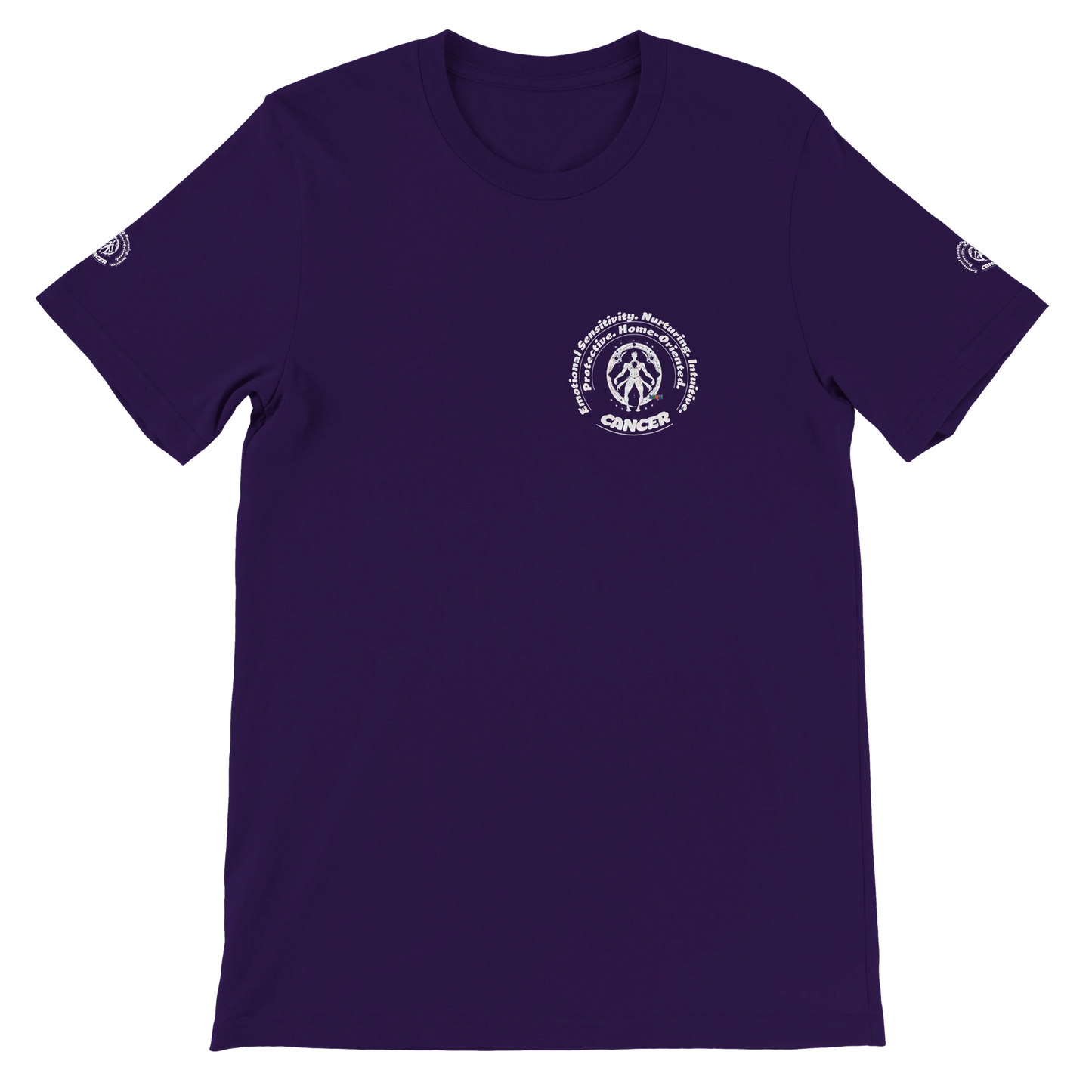 Purple unisex crewneck T-shirt with Cancer zodiac horoscope, perfect birthday gift for astrology lovers, soft and stylish.