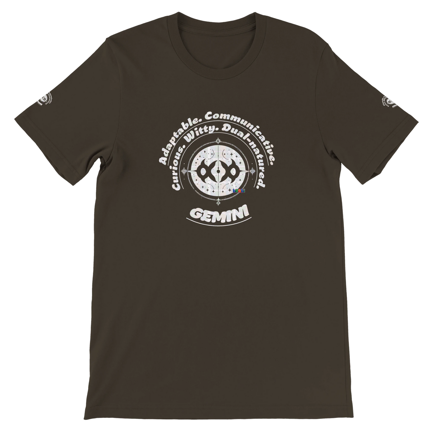 Brown unisex crewneck T-shirt with Gemini horoscope design, perfect gift for zodiac lover, Dual in nature, limitless in spirit.