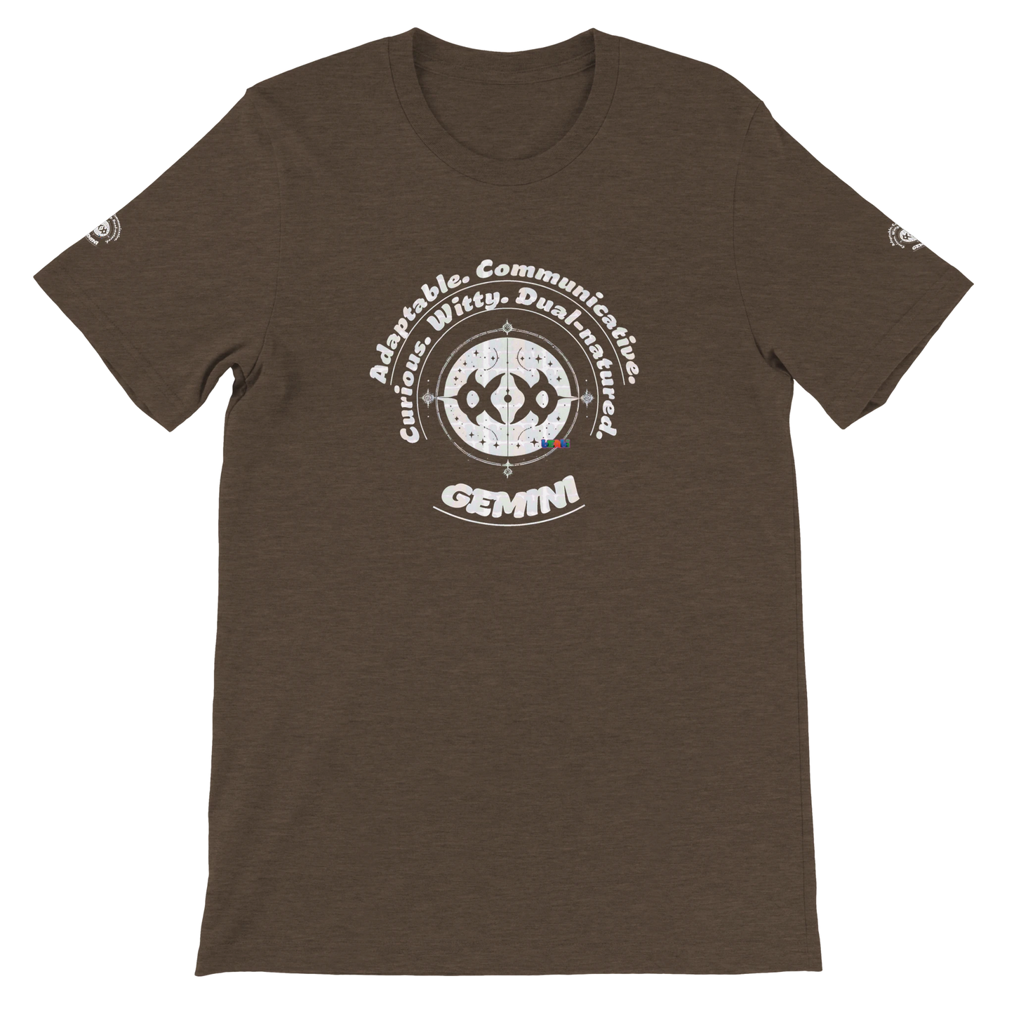 Brown unisex crewneck T-shirt with Gemini horoscope design, perfect gift for zodiac lover, Dual in nature, limitless in spirit.
