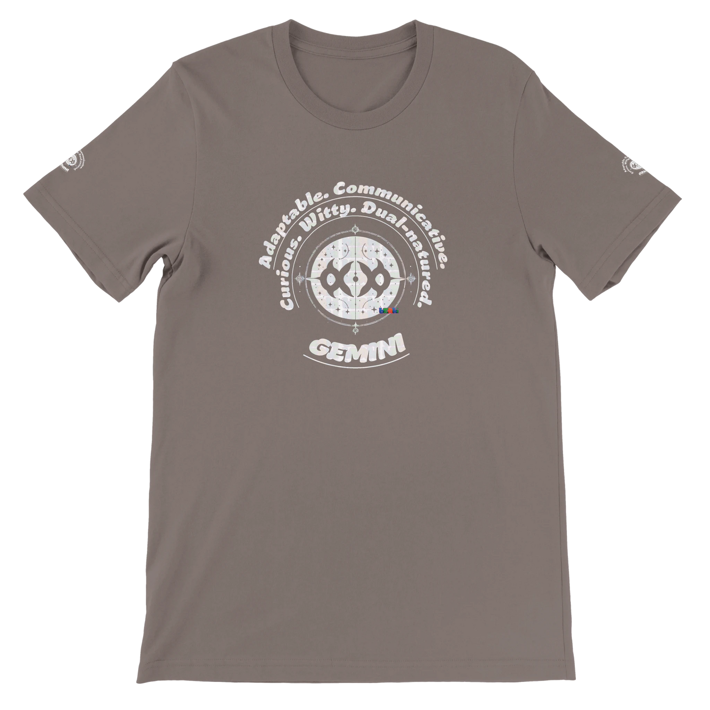 Brown unisex crewneck T-shirt with Gemini horoscope design, perfect gift for zodiac lover, Dual in nature, limitless in spirit.
