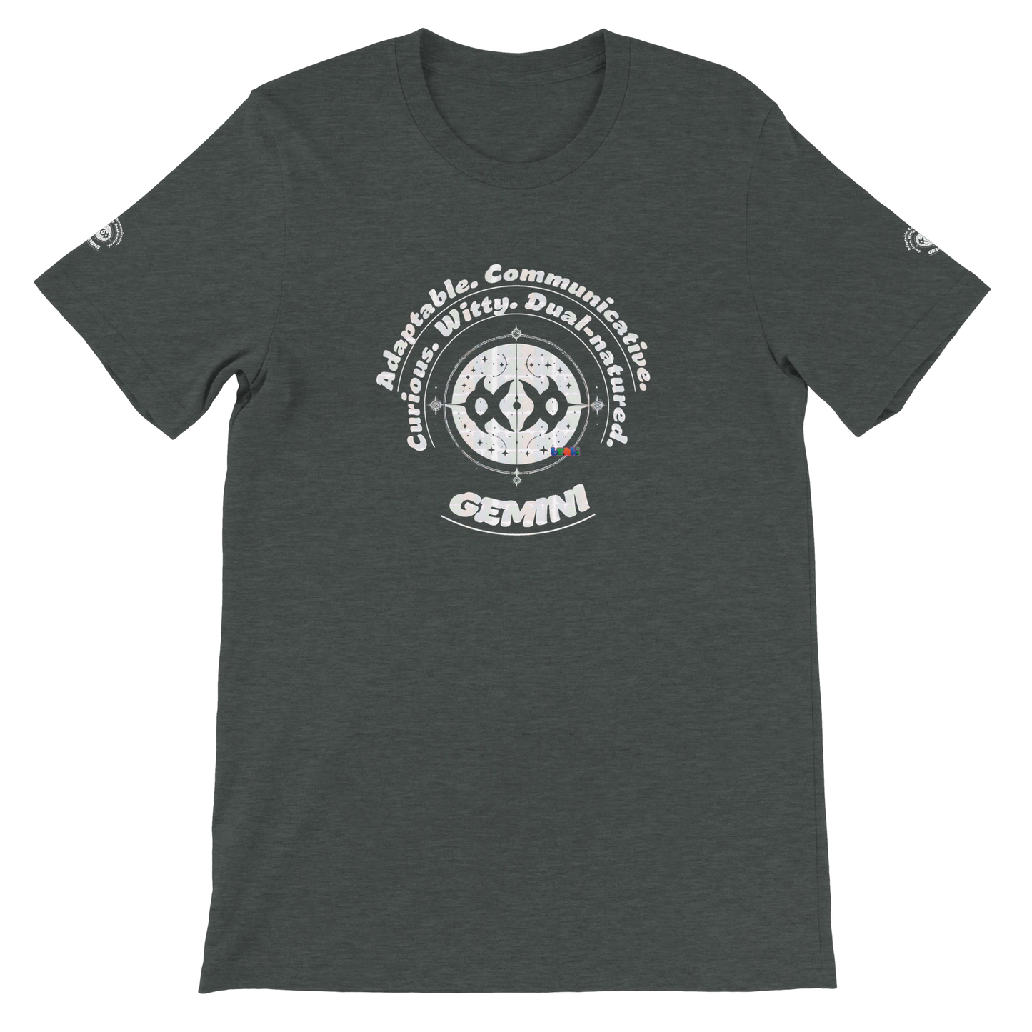 Gray unisex crewneck T-shirt with Gemini Zodiac Horoscope. Characters of Adaptable Curious Communicative Witty Dual-natured.