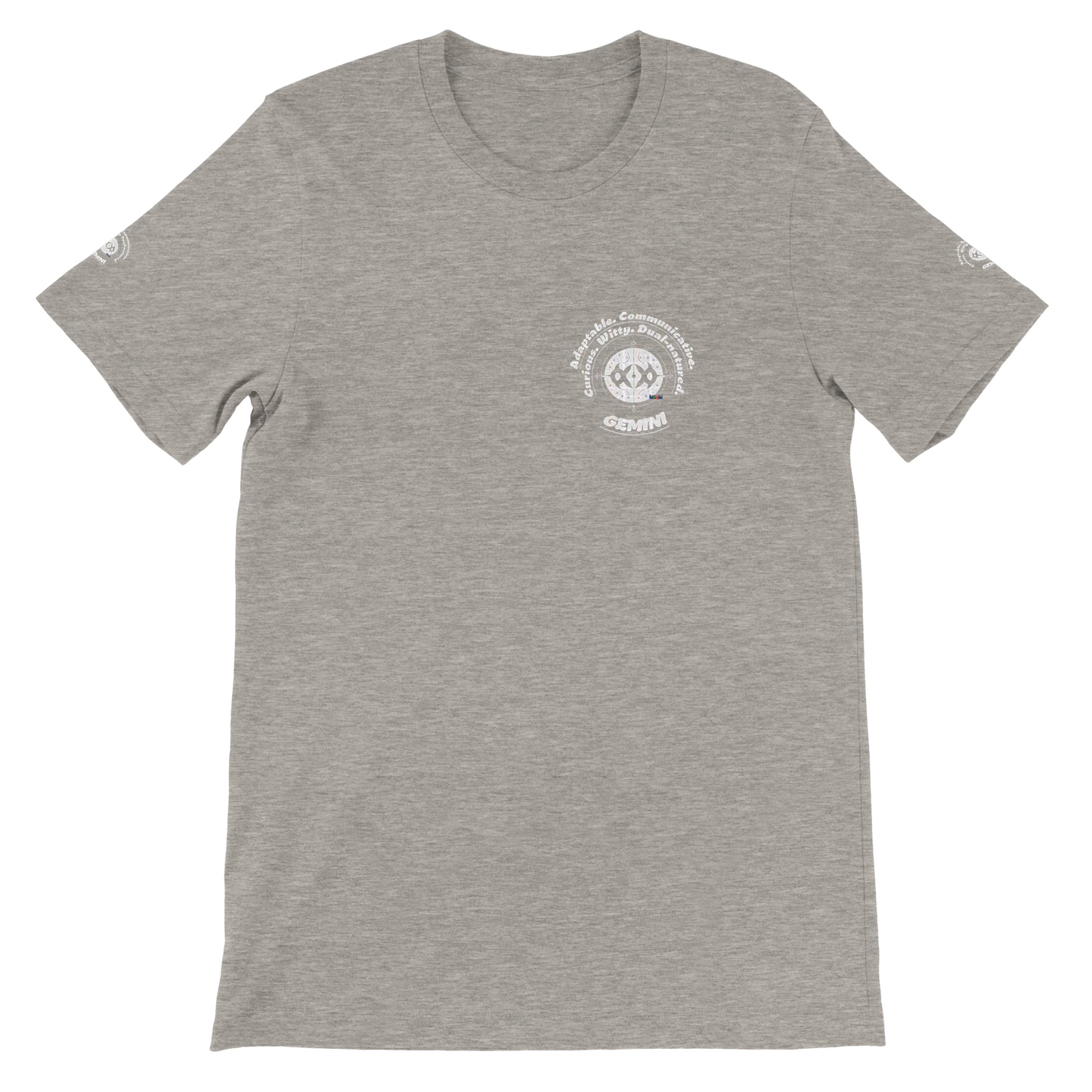 Gray unisex crewneck T-shirt with Gemini Zodiac Horoscope. Characters of Adaptable Curious Communicative Witty Dual-natured.