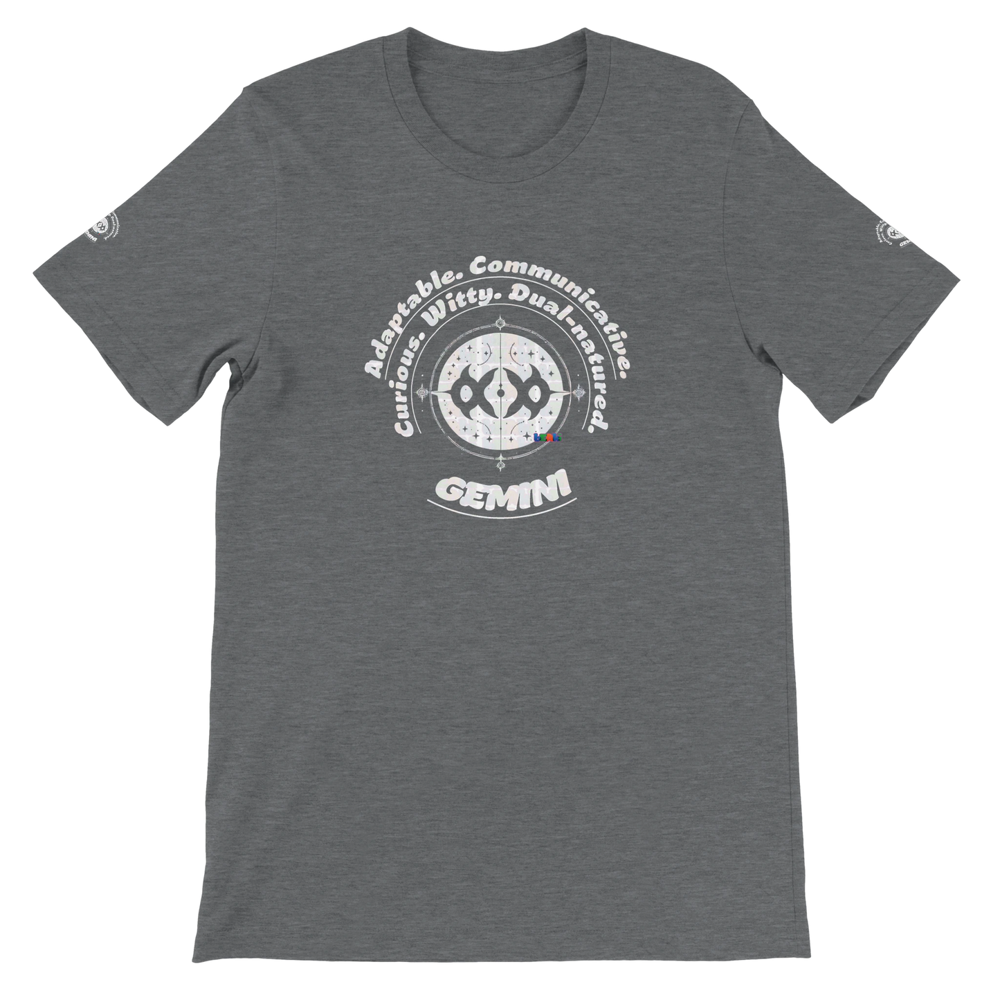 Gray unisex crewneck T-shirt with Gemini Zodiac Horoscope. Characters of Adaptable Curious Communicative Witty Dual-natured.