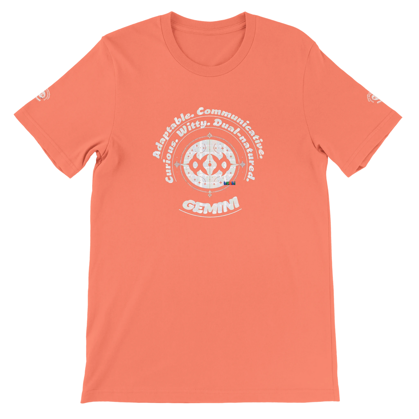 Orange unisex crewneck Bella T-shirt with Gemini zodiac horoscope, perfect birthday gift for astrology lover trendybuybest.com