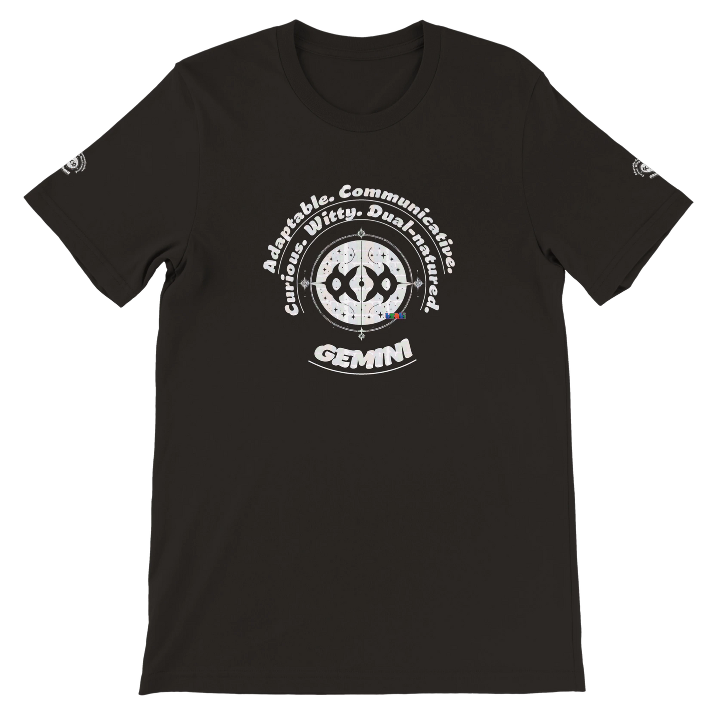 Black unisex crewneck T-shirt with Gemini Astrology Horoscope Characters Adaptable Curious Communicative Witty Dual-natured