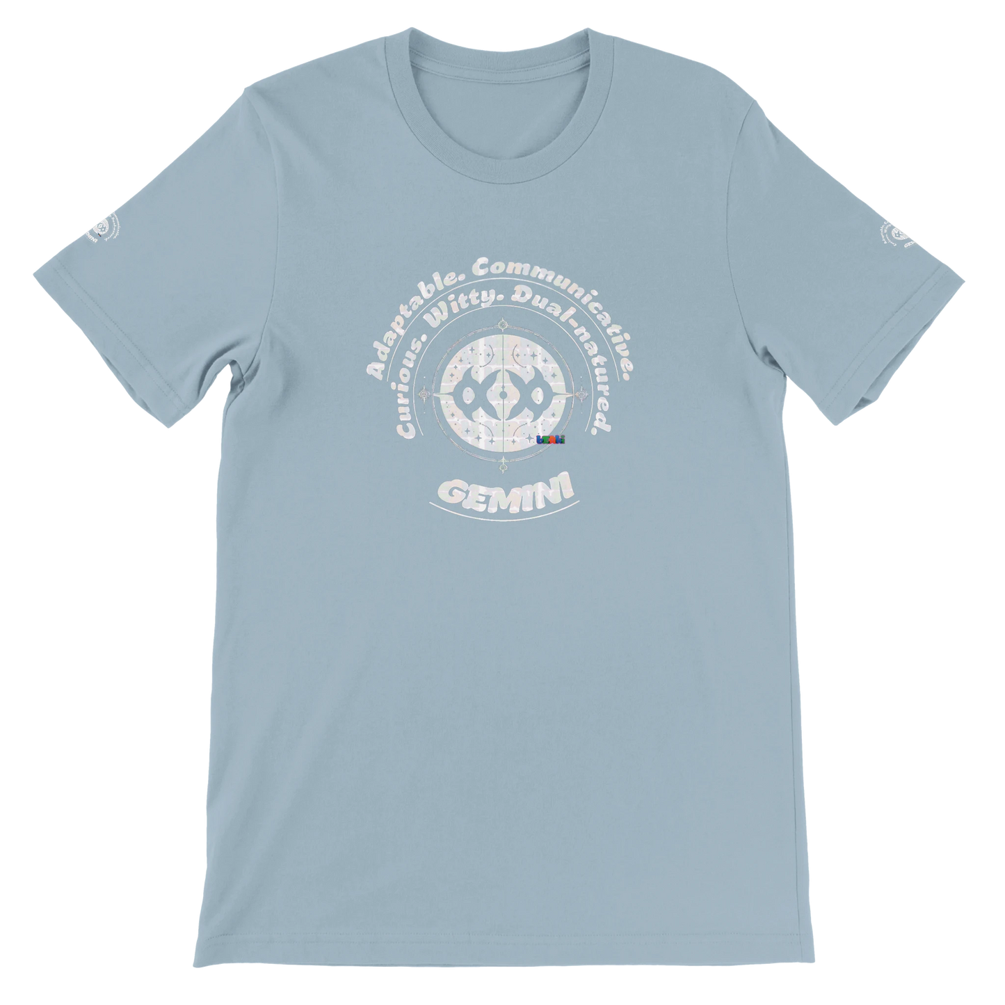Blue unisex crewneck T-shirt with Gemini horoscope, perfect birthday gift for astrology lovers, soft and stylish for all.