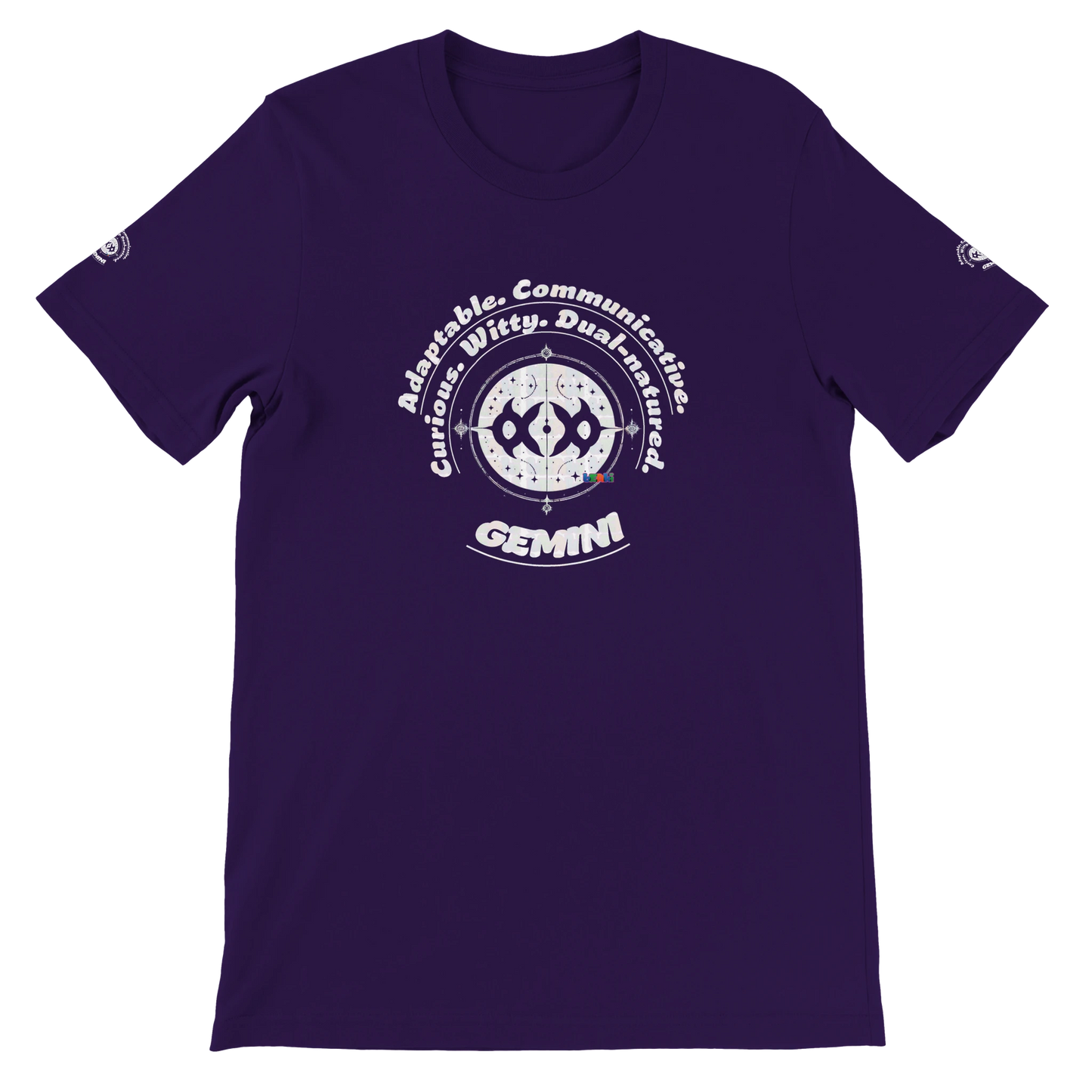 Purple unisex crewneck T-shirt with Gemini horoscope, perfect gift for astrology lover, Dual in nature, limitless in spirit.
