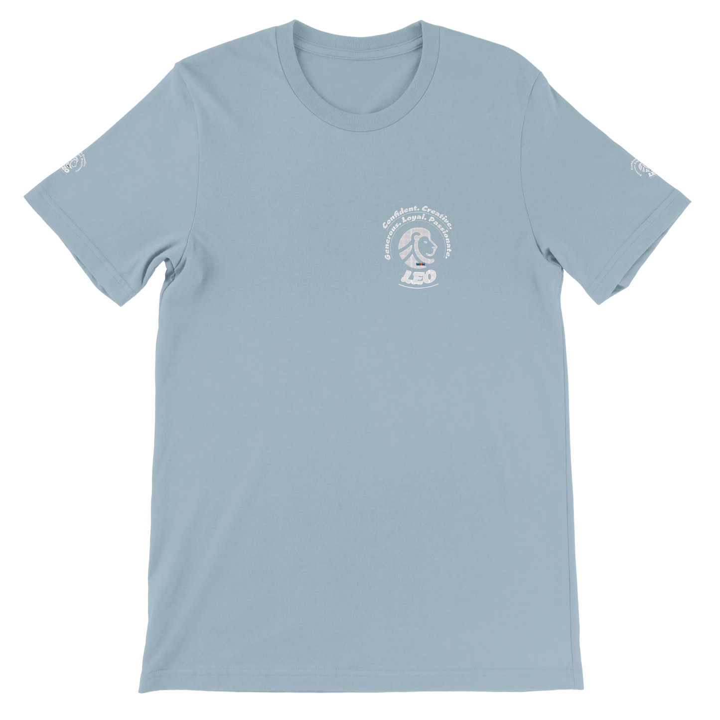 Blue unisex crewneck T-shirt with Leo Logo horoscope, perfect birthday gift for zodiac Lion lovers, soft and stylish for all.