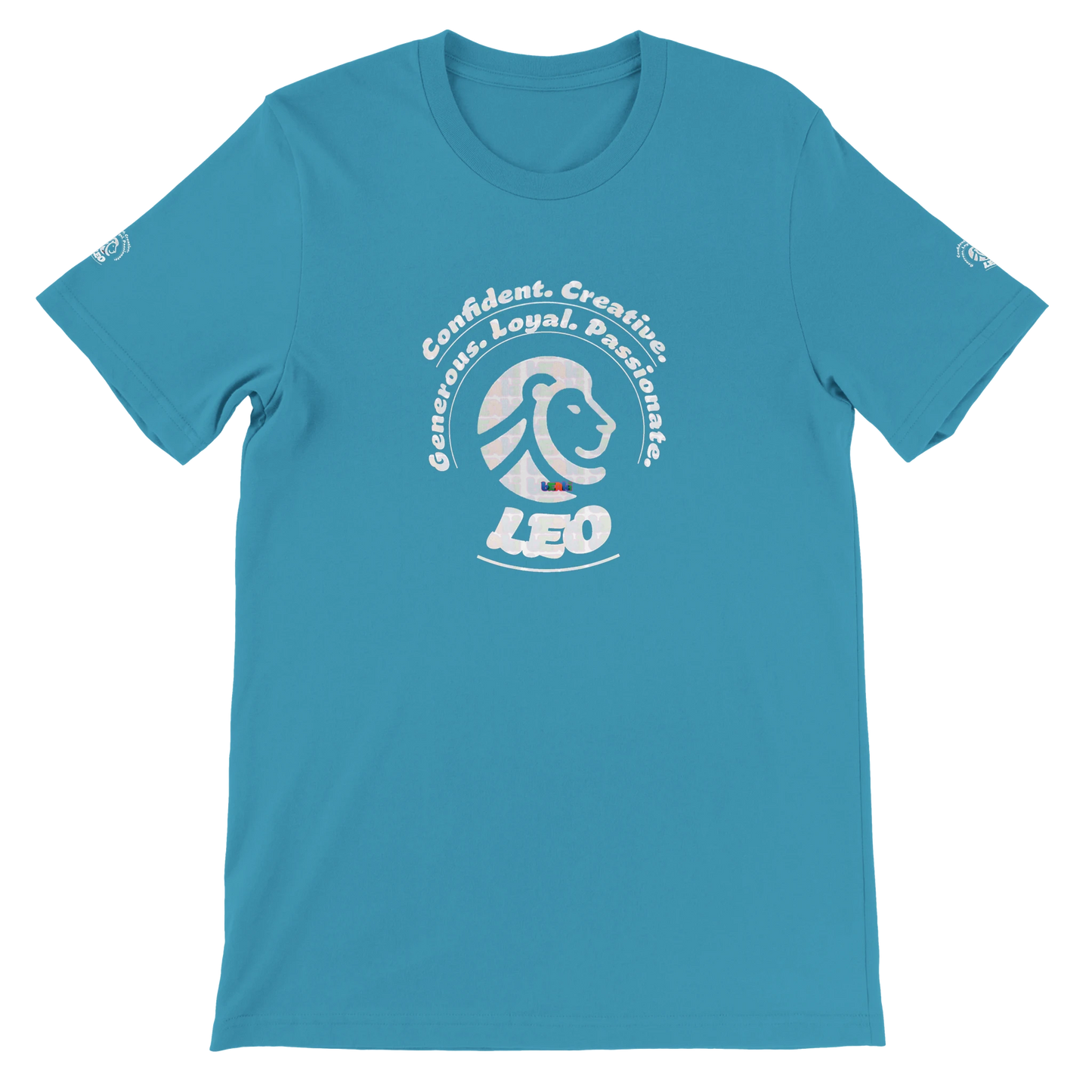 Blue unisex crewneck T-shirt with Leo Logo horoscope, perfect birthday gift for zodiac Lion lovers, soft and stylish for all.