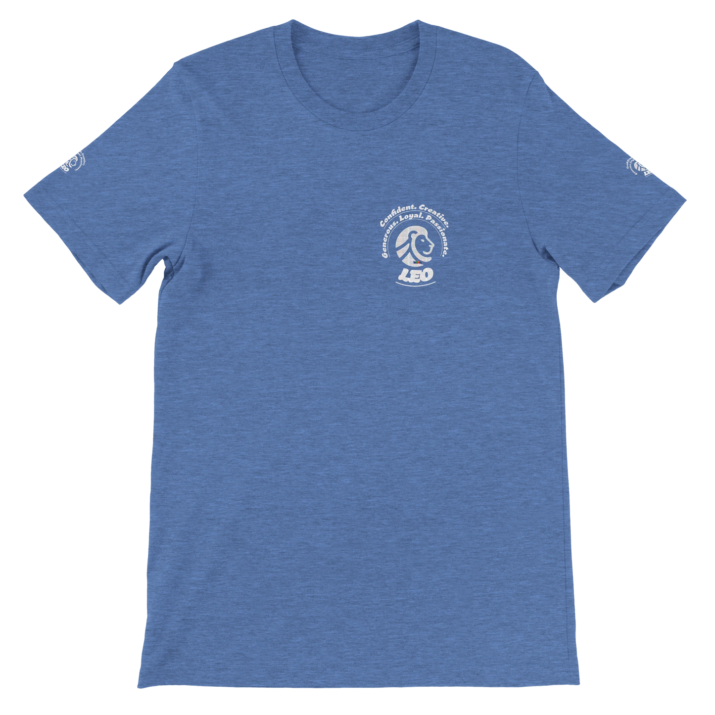 Blue unisex crewneck T-shirt with Leo Logo horoscope, perfect birthday gift for zodiac Lion lovers, soft and stylish for all.
