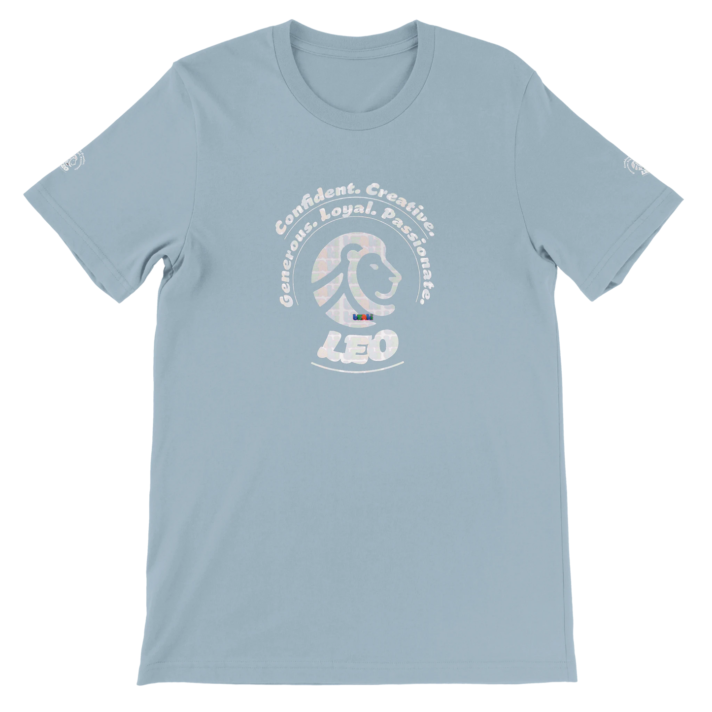 Blue unisex crewneck T-shirt with Leo Logo horoscope, perfect birthday gift for zodiac Lion lovers, soft and stylish for all.