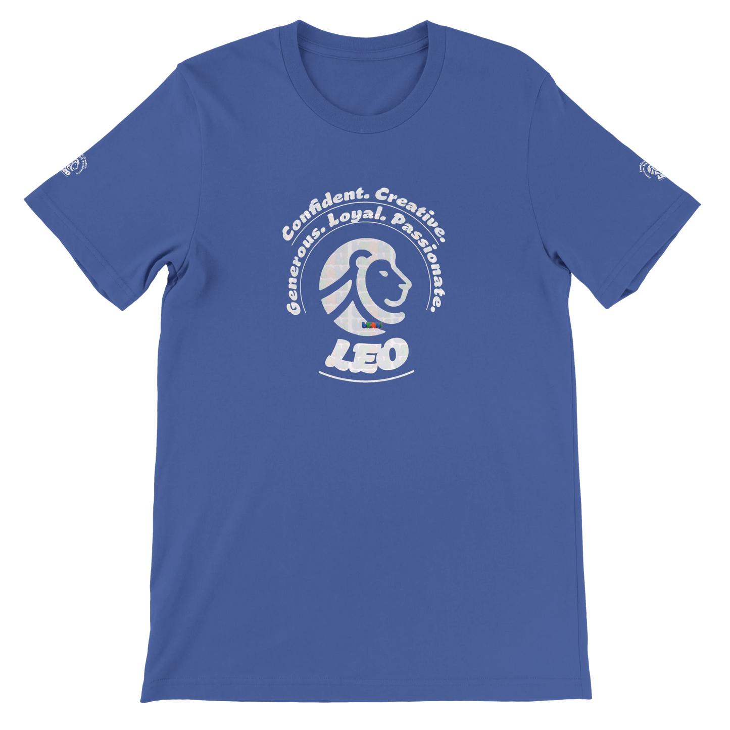 Blue unisex crewneck T-shirt with Leo Logo horoscope, perfect birthday gift for zodiac Lion lovers, soft and stylish for all.