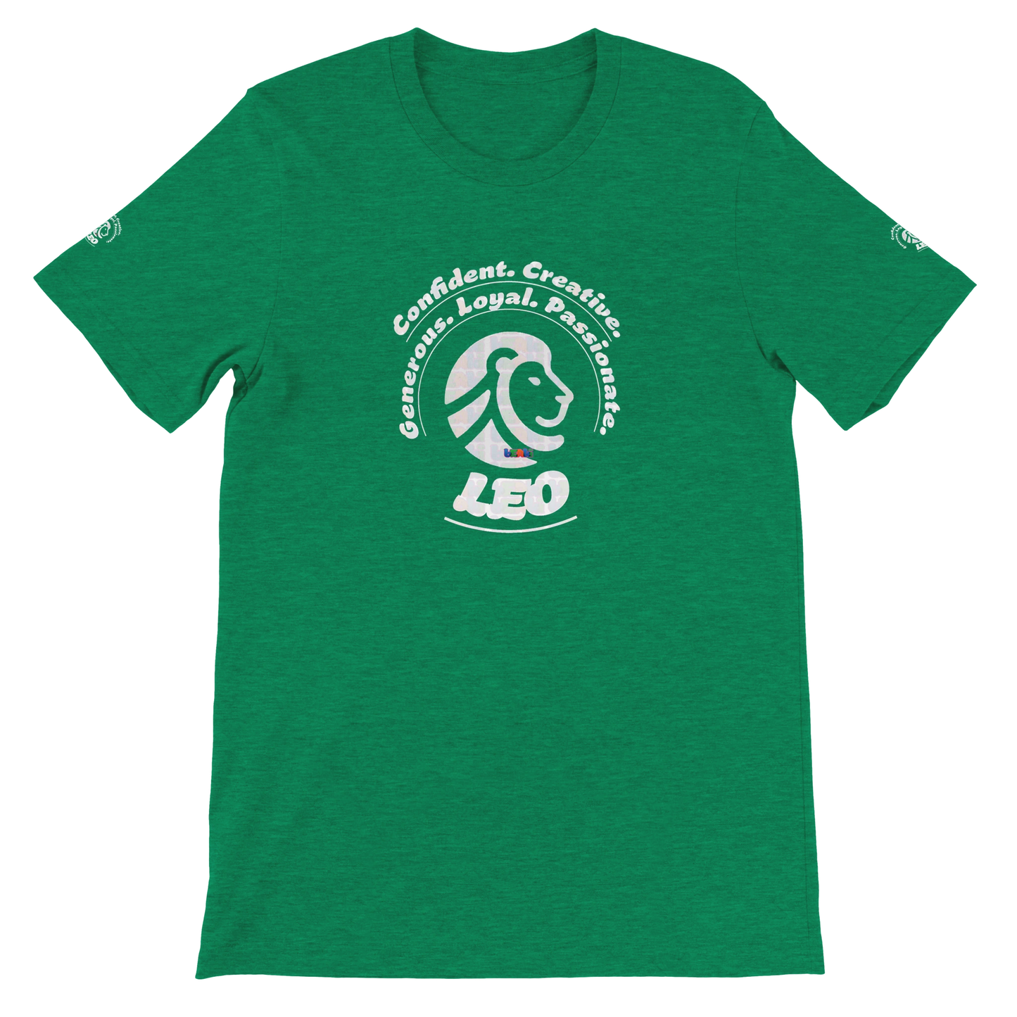 Green unisex crewneck T-shirt with Leo Zodiac Horoscope Lion Logo Characters Confident, Creative, Generous, Loyal, Passionate