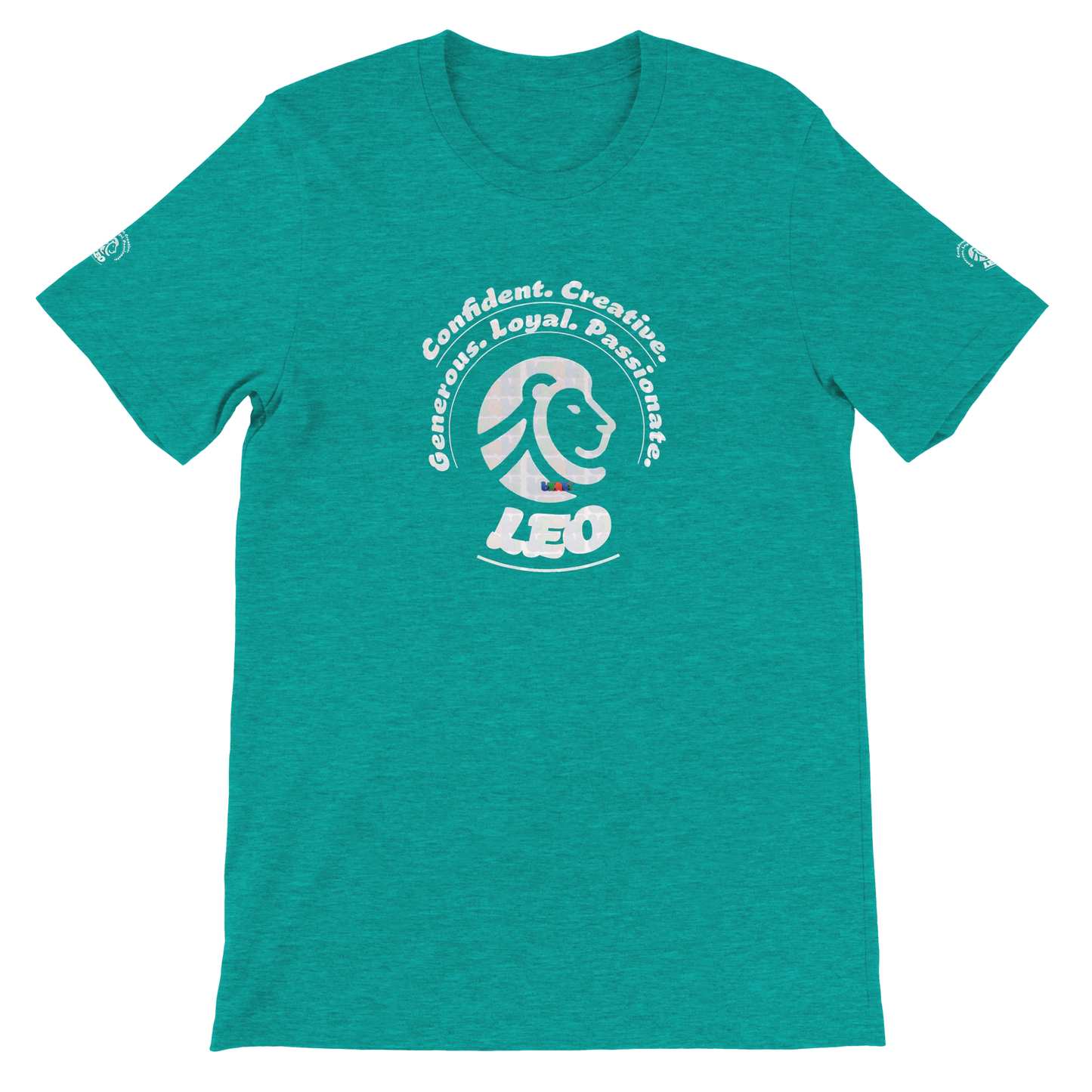 Green unisex crewneck T-shirt with Leo Zodiac Horoscope Lion Logo Characters Confident, Creative, Generous, Loyal, Passionate