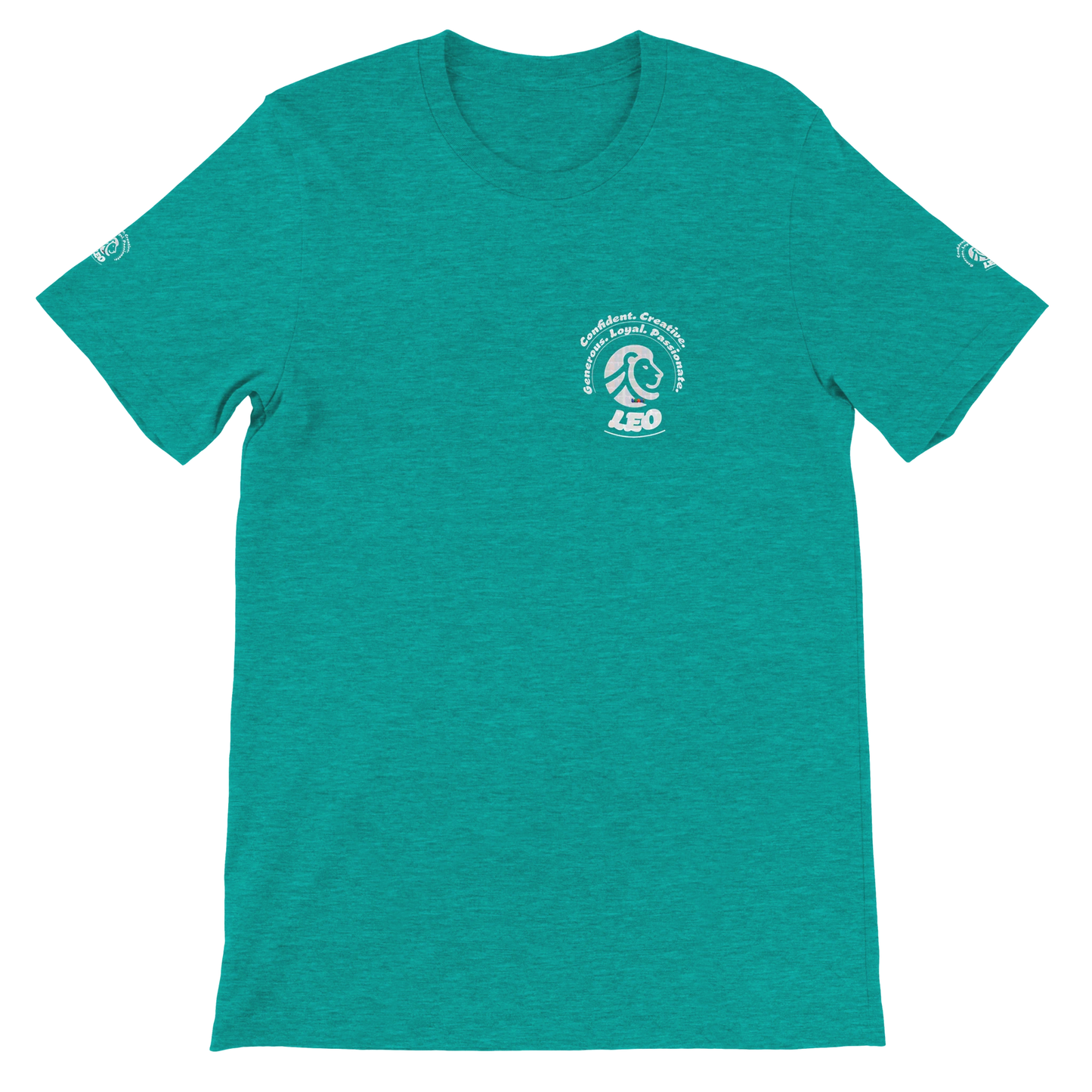 Green unisex crewneck T-shirt with Leo Zodiac Horoscope Lion Logo Characters Confident, Creative, Generous, Loyal, Passionate