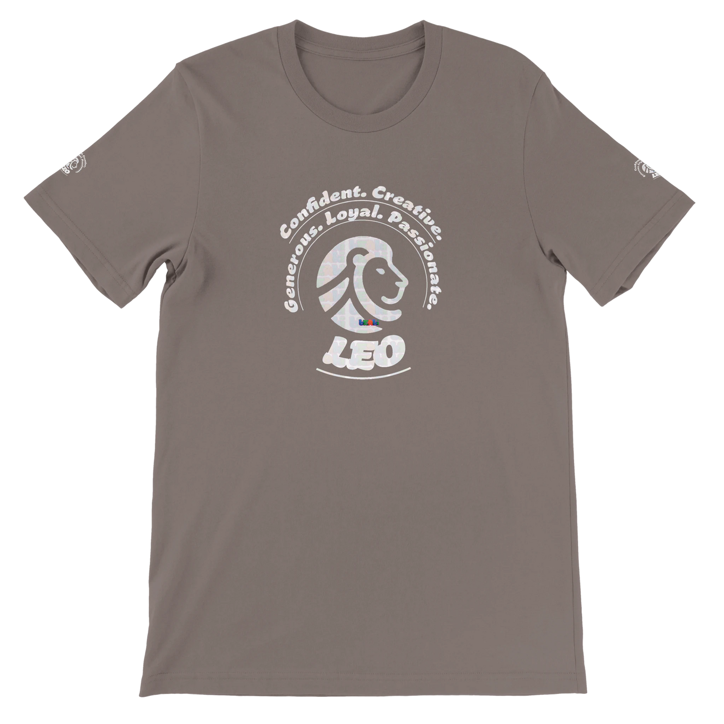 Brown unisex crewneck T-shirt with Leo Zodiac Astrology Lion Logo Characters Confident, Creative, Generous, Loyal, Passionate