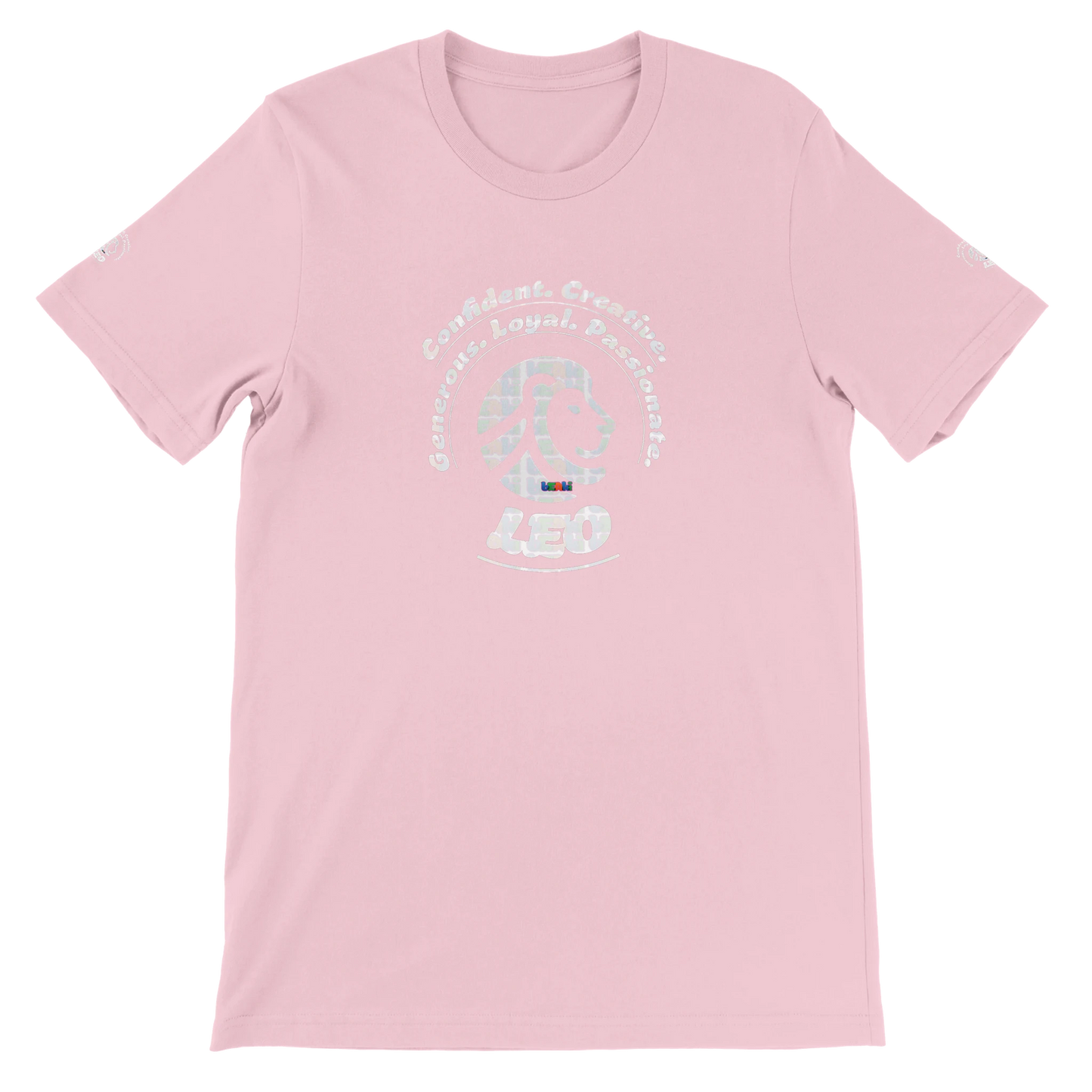 Pink unisex crewneck T-shirt with Leo Logo astrology, perfect birthday gift for zodiac Lion lovers, soft and stylish for all.