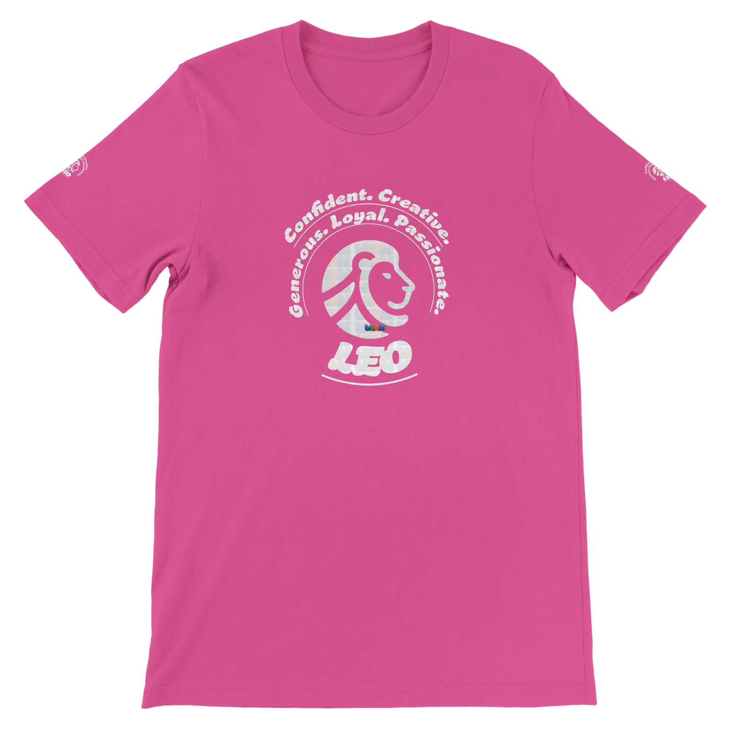 Pink unisex crewneck T-shirt with Leo Logo astrology, perfect birthday gift for zodiac Lion lovers, soft and stylish for all.