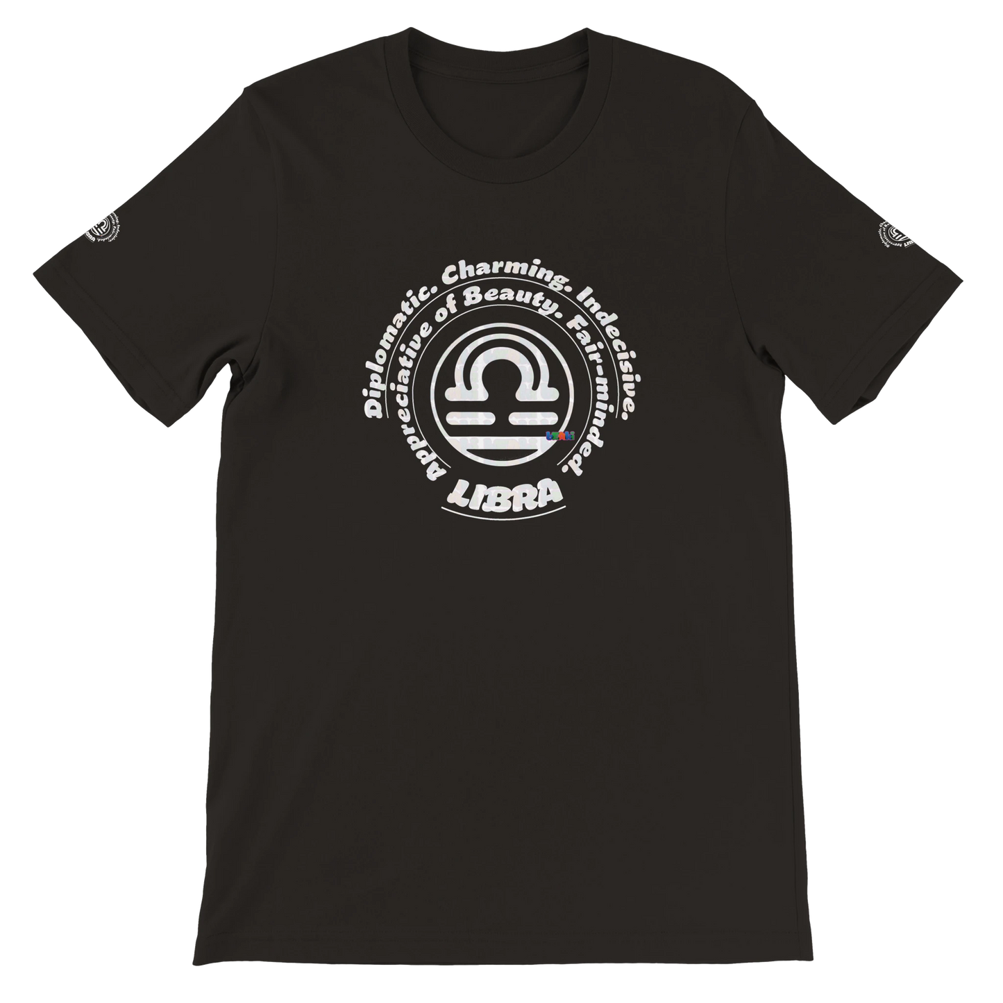 Black unisex T-shirt Libra Horoscope design. Characters Diplomatic, Charming, Indecisive, Appreciative of Beauty, Fair-minded