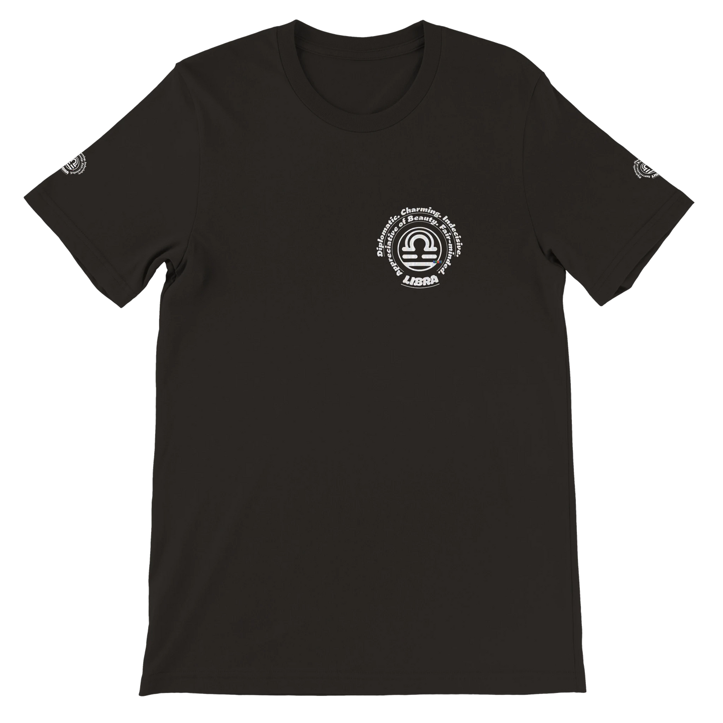 Black unisex T-shirt Libra Horoscope design. Characters Diplomatic, Charming, Indecisive, Appreciative of Beauty, Fair-minded