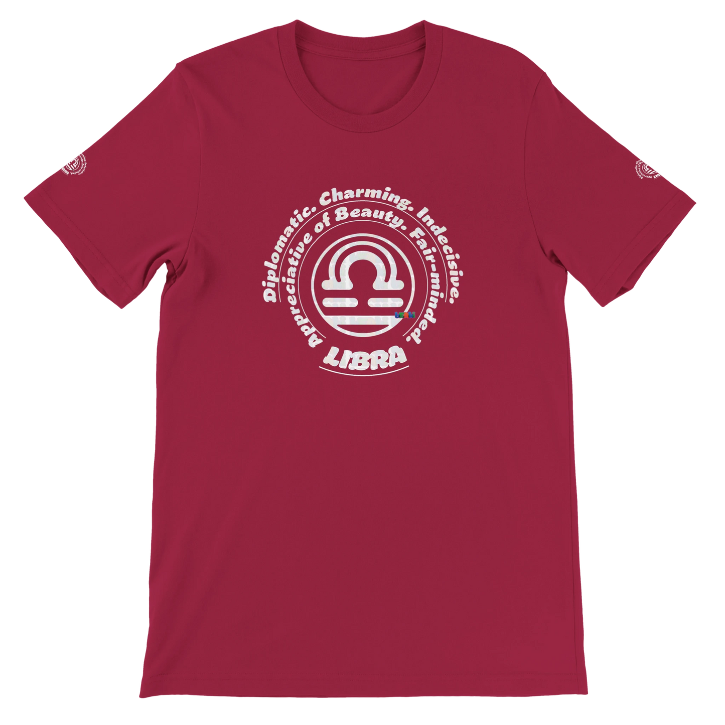 Purple unisex crewneck T-shirt with Libra Logo zodiac, perfect birthday gift for horoscope lovers, soft and stylish for all.