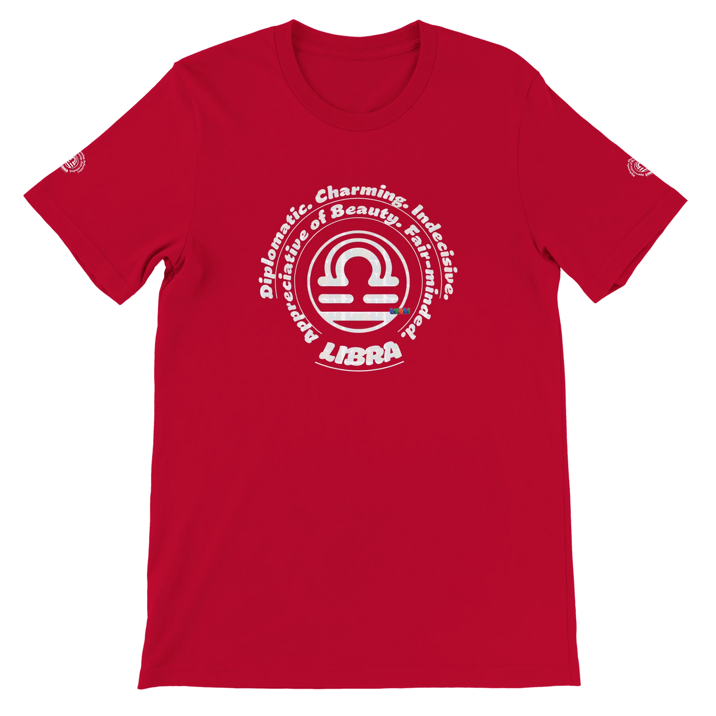 Red unisex crewneck T-shirt with Libra Logo Zodiac, perfect birthday gift for Astrology lovers, soft and stylish for all.