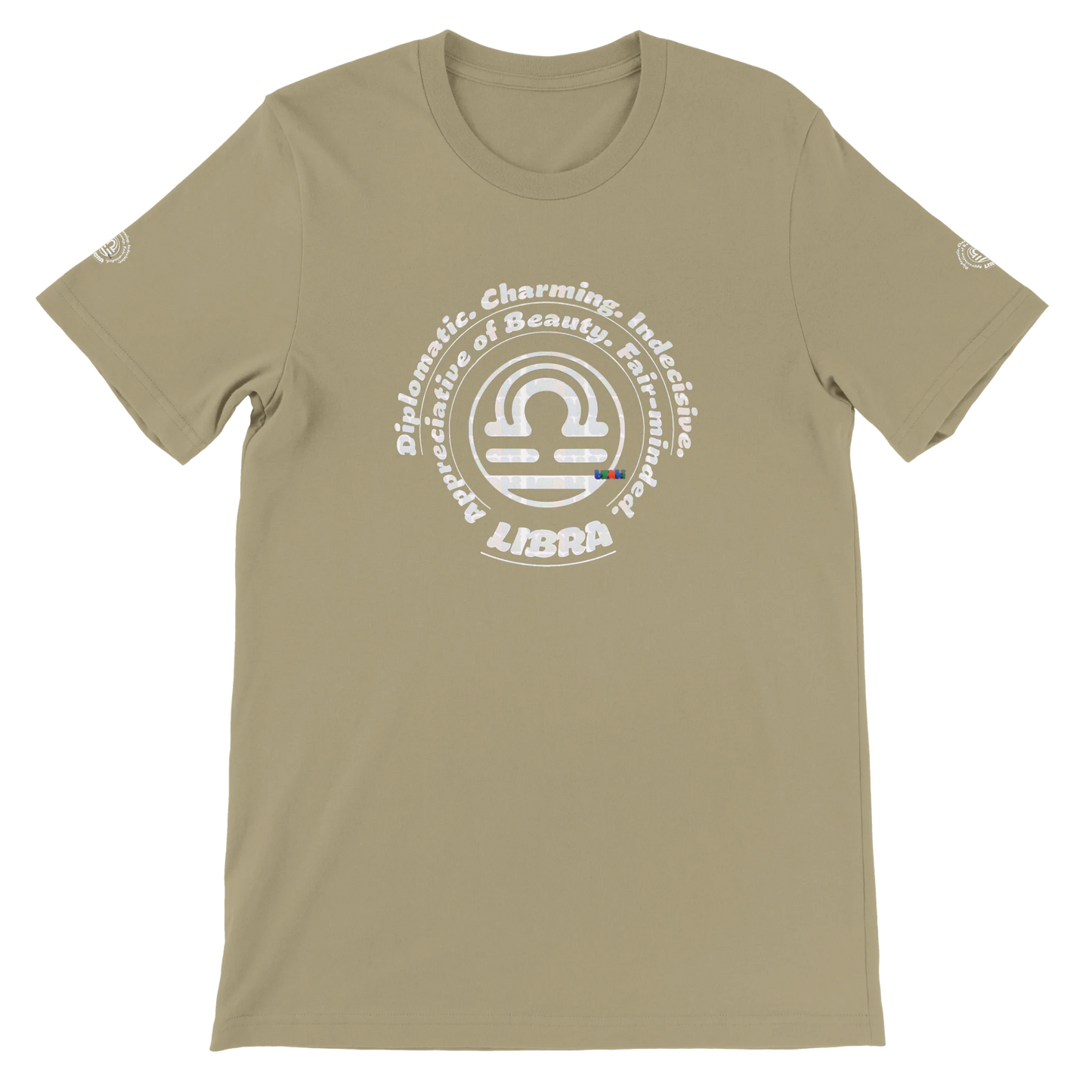 Brown unisex T-shirt Libra Horoscope design. Characters Diplomatic, Charming, Indecisive, Appreciative of Beauty, Fair-minded