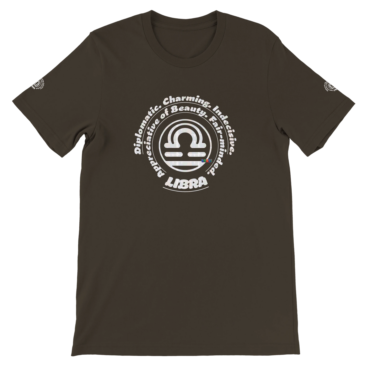 Brown unisex T-shirt Libra Horoscope design. Characters Diplomatic, Charming, Indecisive, Appreciative of Beauty, Fair-minded