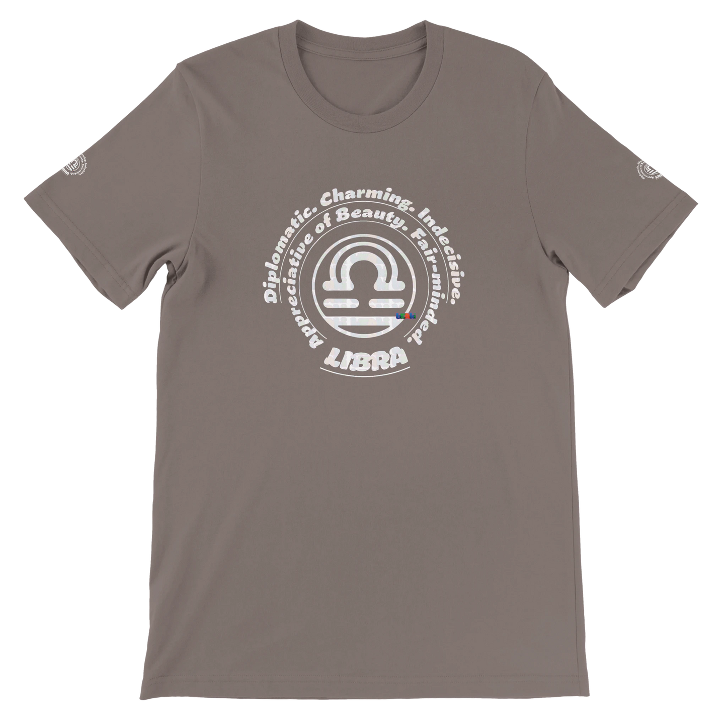 Brown unisex T-shirt Libra Horoscope design. Characters Diplomatic, Charming, Indecisive, Appreciative of Beauty, Fair-minded