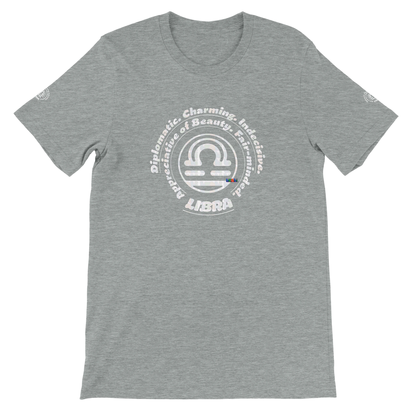 Gray unisex crewneck Premium T-shirt for Balanced Clever Elegance Libra with Horoscope Astrology design. Best Birthday Gift.