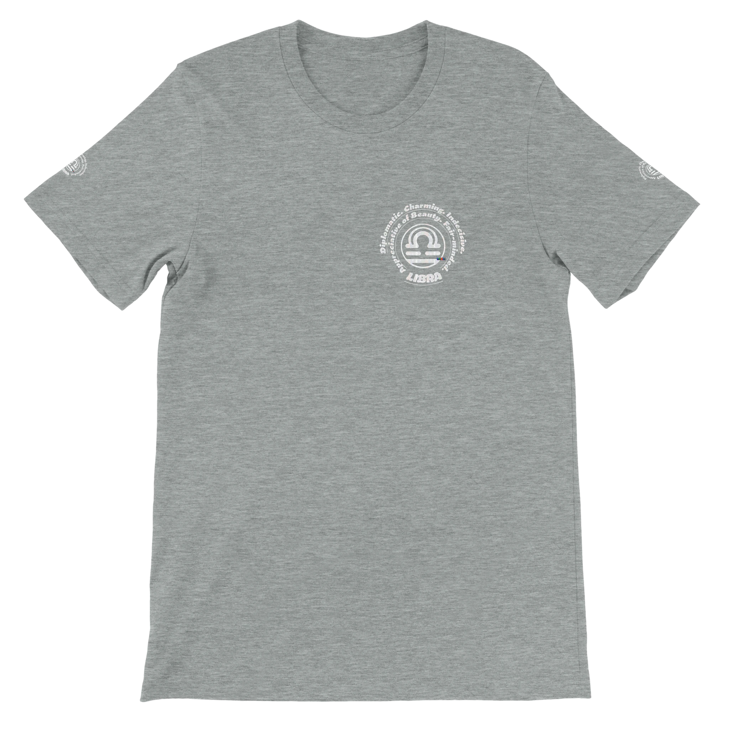Gray unisex crewneck Premium T-shirt for Balanced Clever Elegance Libra with Horoscope Astrology design. Best Birthday Gift.