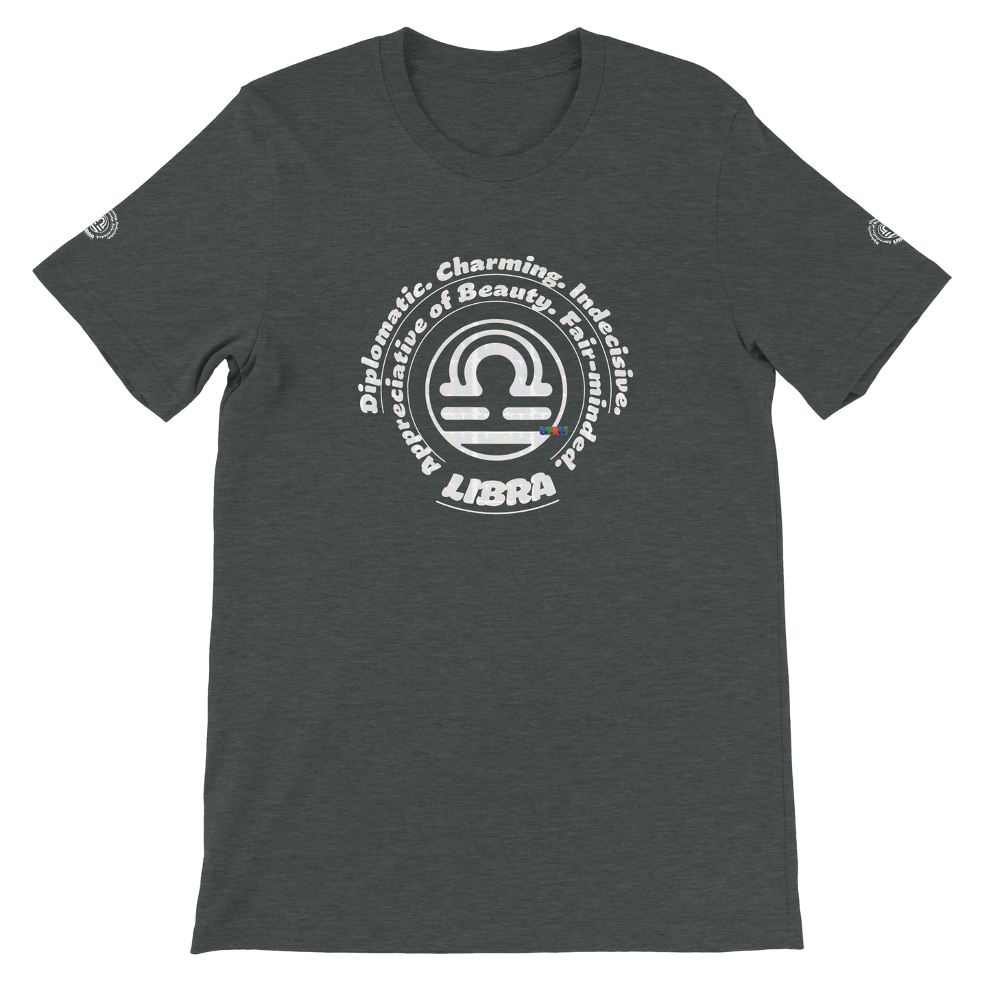 Gray unisex crewneck Premium T-shirt for Balanced Clever Elegance Libra with Horoscope Astrology design. Best Birthday Gift.