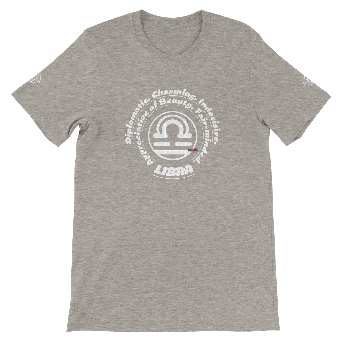 Gray unisex crewneck Premium T-shirt for Balanced Clever Elegance Libra with Horoscope Astrology design. Best Birthday Gift.