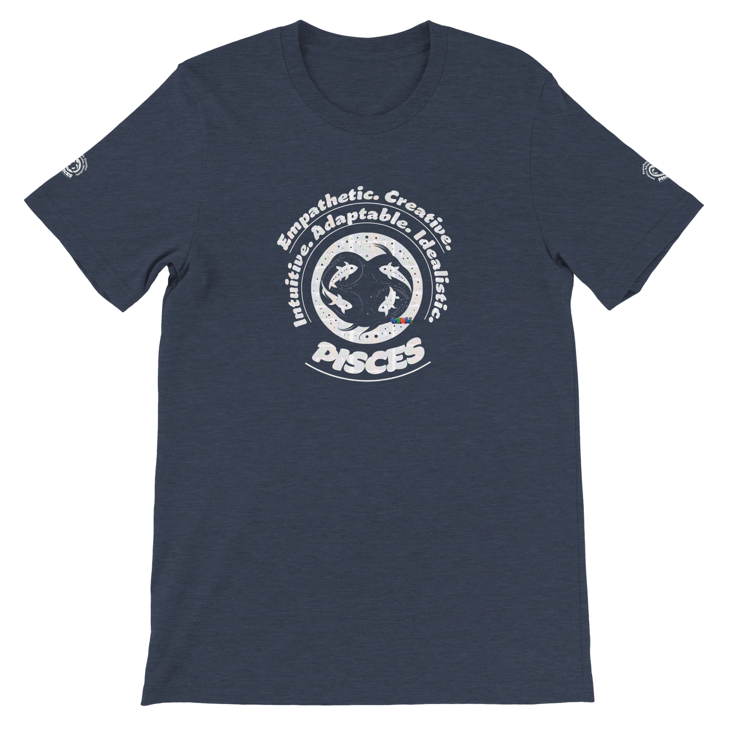 Blue unisex crewneck T-shirt with Pisces zodiac horoscope, with empathy, creativity, intuition, adaptability, and idealism.