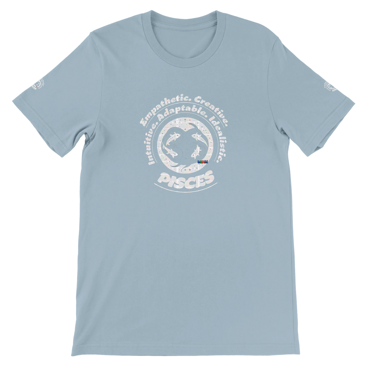 Blue unisex crewneck T-shirt with Pisces zodiac horoscope, with empathy, creativity, intuition, adaptability, and idealism.