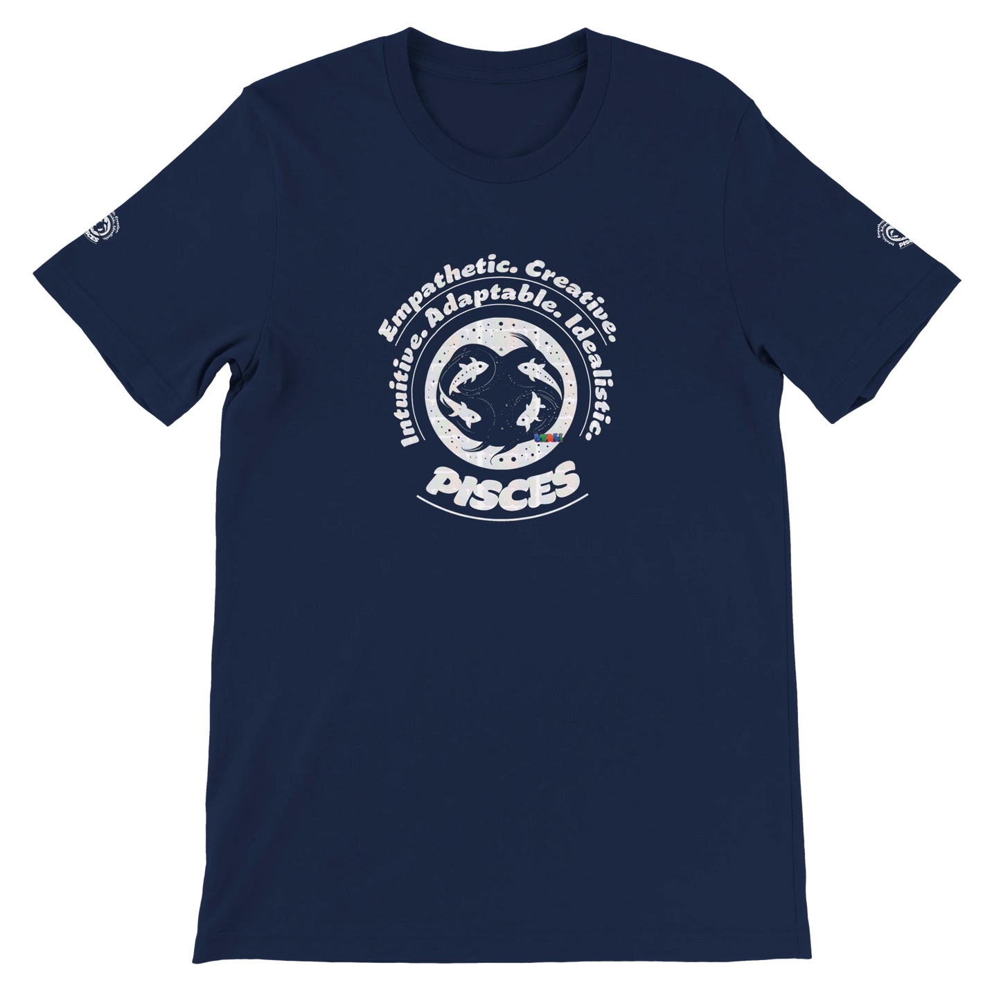 Blue unisex crewneck T-shirt with Pisces zodiac horoscope, with empathy, creativity, intuition, adaptability, and idealism.