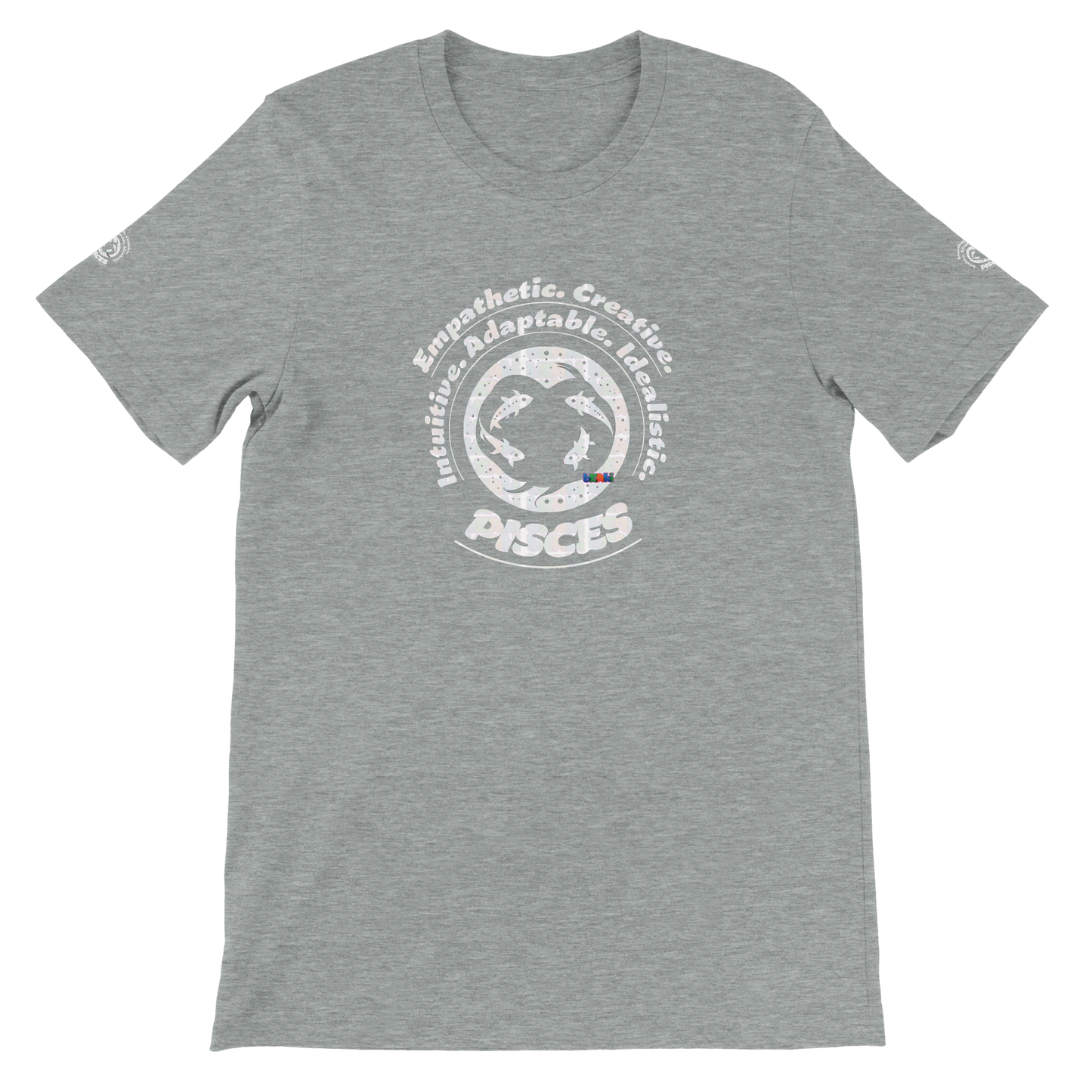 Gray unisex crewneck T-shirt with Pisces zodiac design, perfect birthday gift for horoscope lovers, by trendybuybest.com.