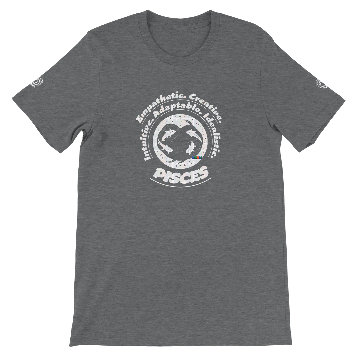 Gray unisex crewneck T-shirt with Pisces zodiac design, perfect birthday gift for horoscope lovers, by trendybuybest.com.