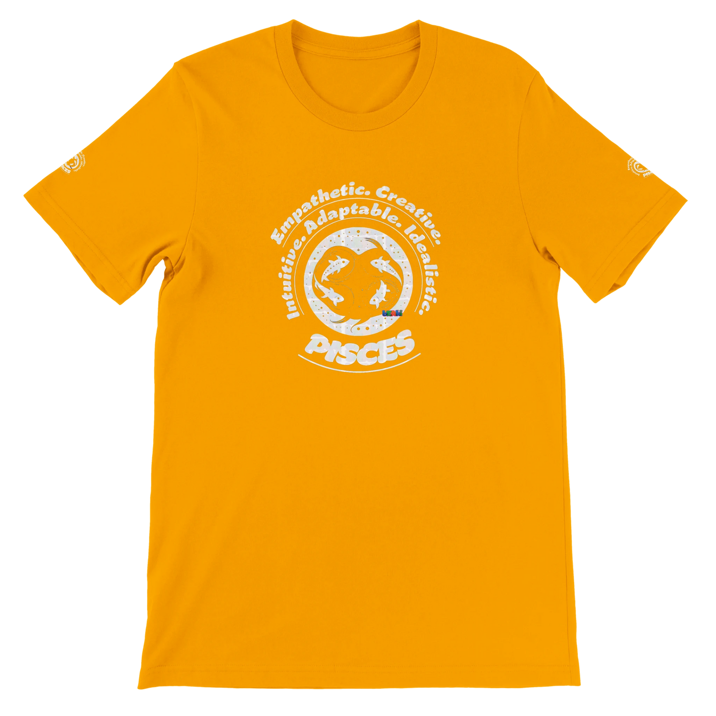 Yellow unisex crewneck T-shirt with Pisces horoscope design. Ideal gift for a special loved one. Soft, stylish, and unique.