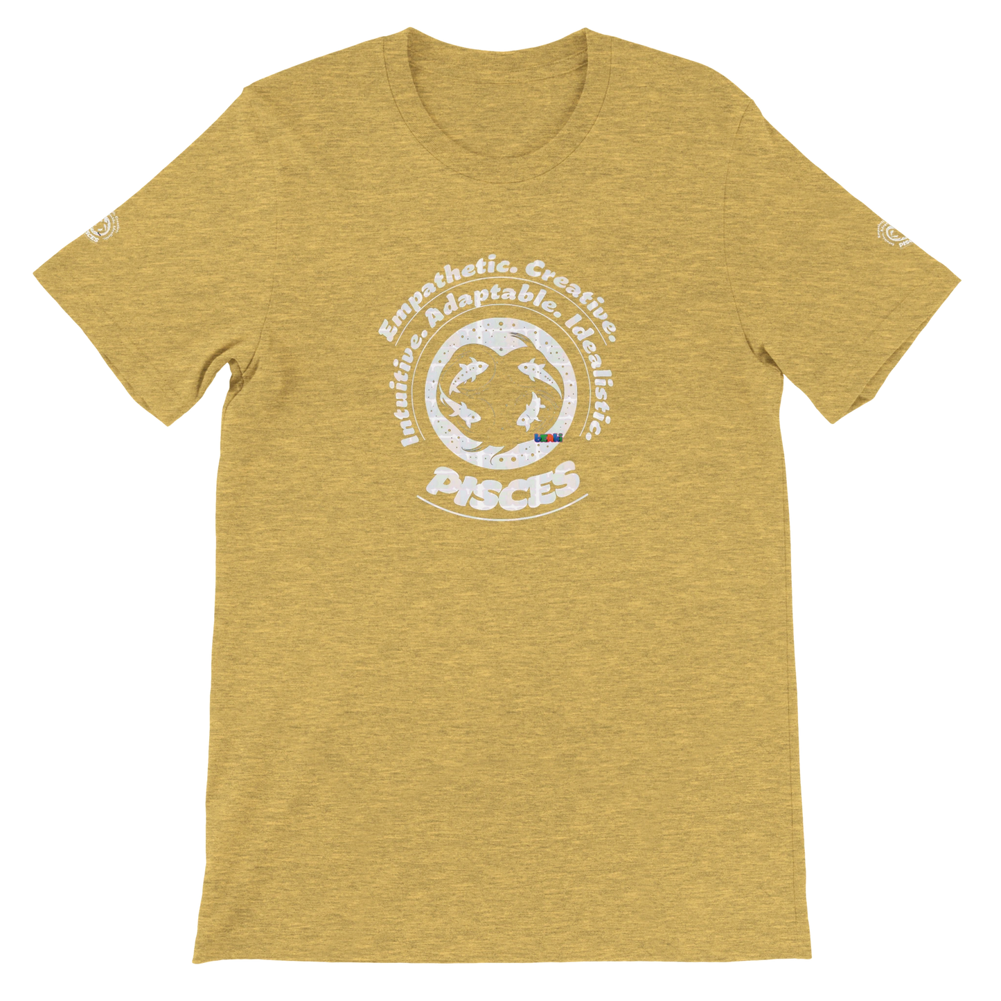 Yellow unisex crewneck T-shirt with Pisces horoscope design. Ideal gift for a special loved one. Soft, stylish, and unique.
