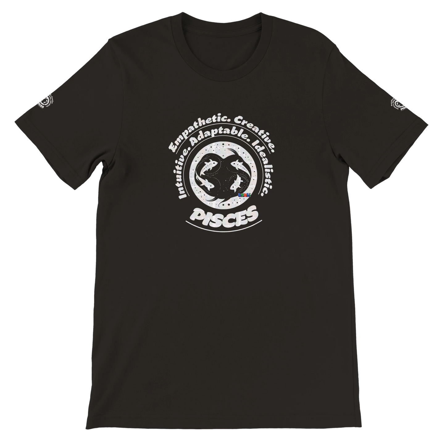 Black unisex crewneck T-shirt with Pisces zodiac design, perfect birthday gift for horoscope lovers, by trendybuybest.com.