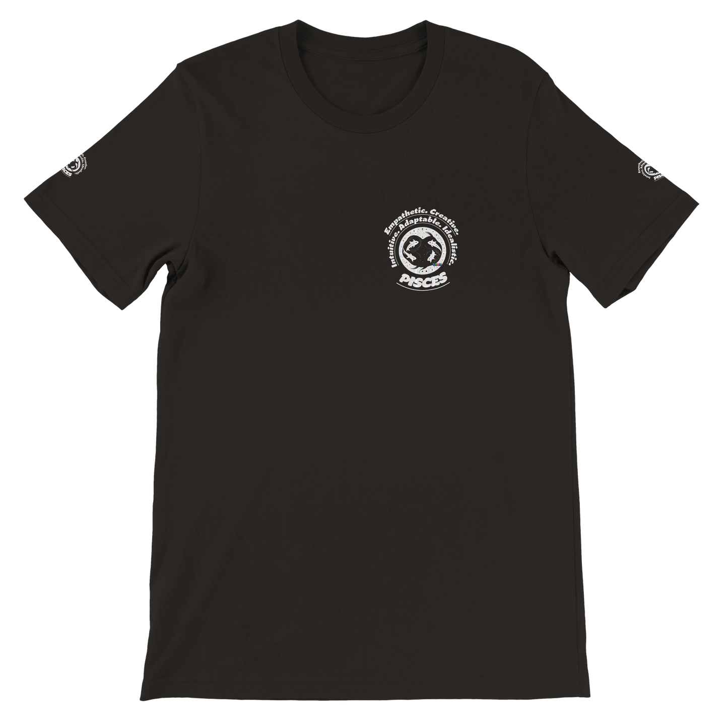 Black unisex crewneck T-shirt with Pisces zodiac design, perfect birthday gift for horoscope lovers, by trendybuybest.com.